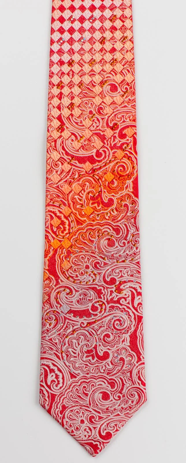 Austin Reed Men's Silk Rhinestone Tie Silver Orange Paisley & Checker On Red - Image 3