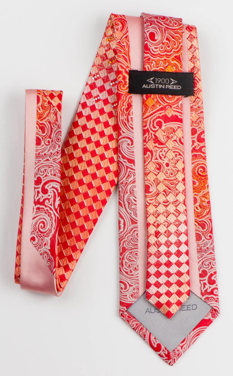 Austin Reed Men's Silk Rhinestone Tie Silver Orange Paisley & Checker On Red - Image 6