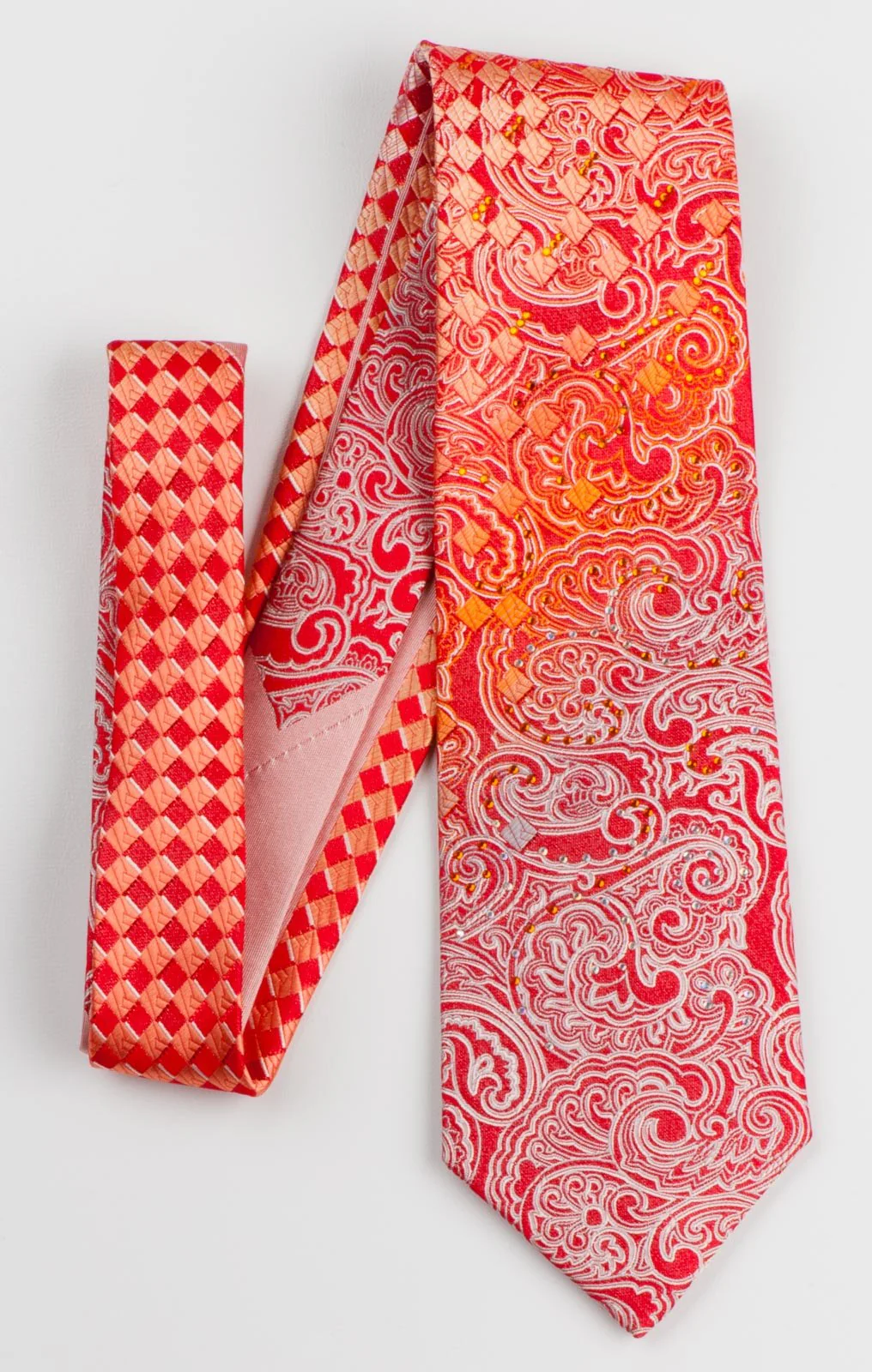 Austin Reed Men's Silk Rhinestone Tie Silver Orange Paisley & Checker On Red - Image 7