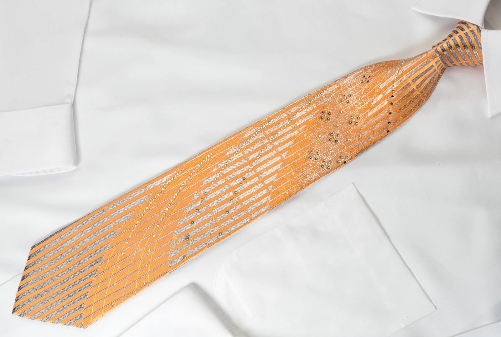 Austin Reed Rhinestone Necktie Silver Stripes On Orange With Silver Sparkles - Image 2