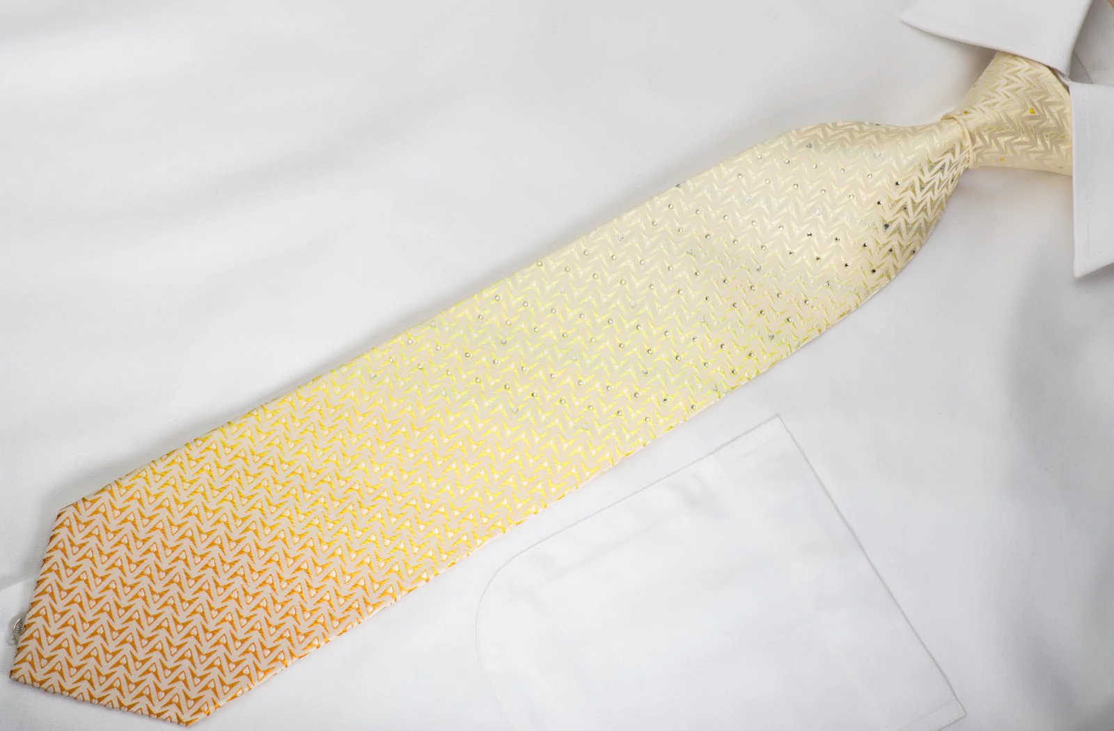 Austin Reed Rhinestone Silk Necktie Geometric Chevron On Yellow Orange With Silver Sparkles - Image 4