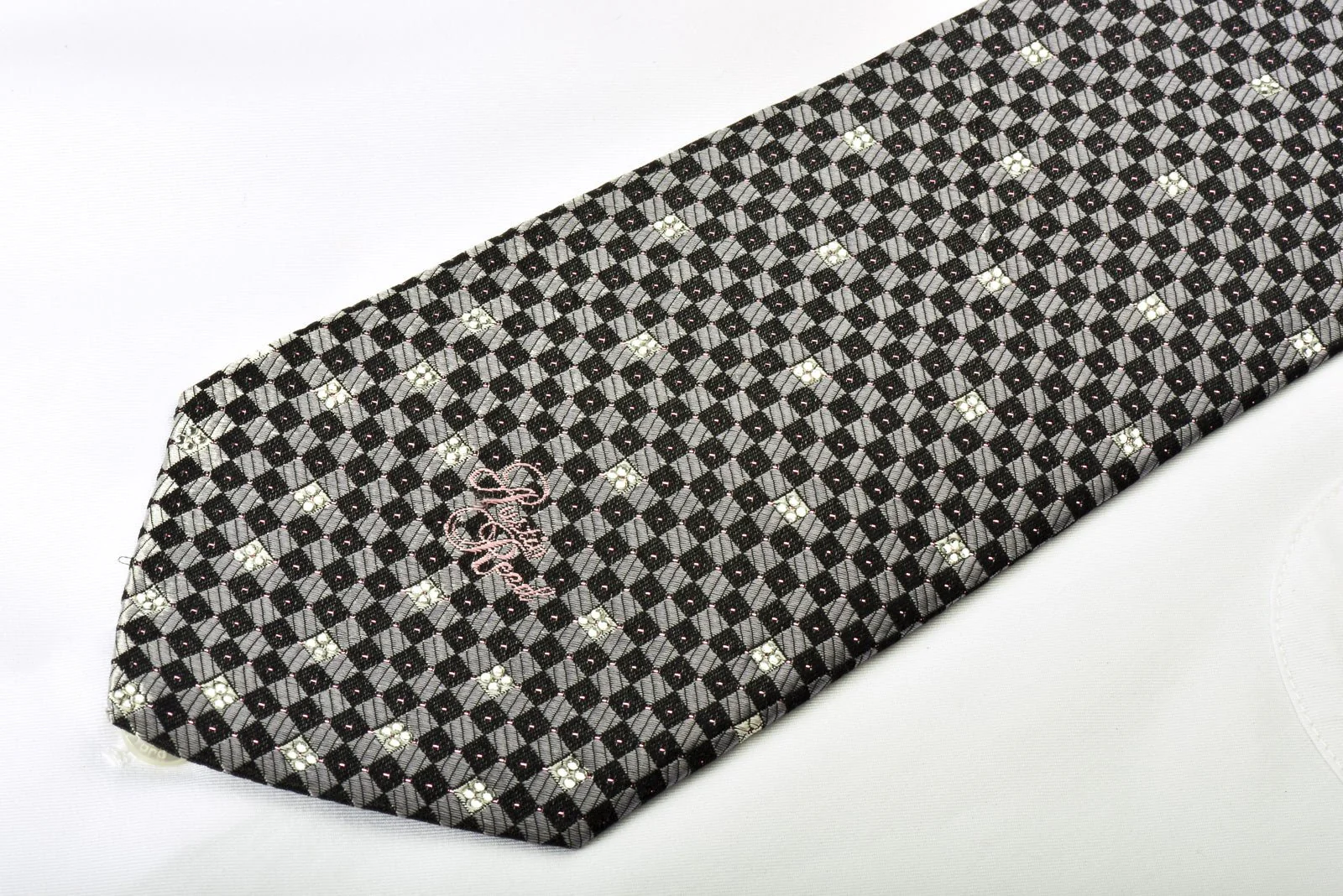 Austin Reed Rhinestone Silk Necktie Silver Black Checkered With Silver Sparkles - Image 3