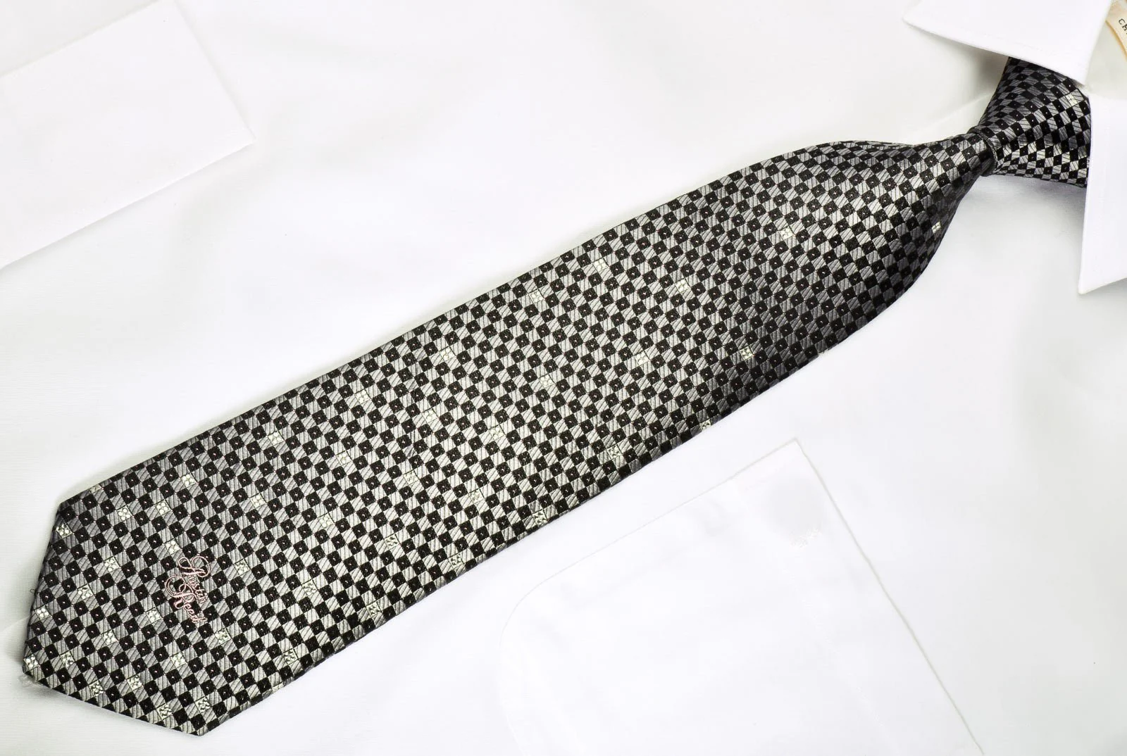 Austin Reed Rhinestone Silk Necktie Silver Black Checkered With Silver Sparkles - Image 4