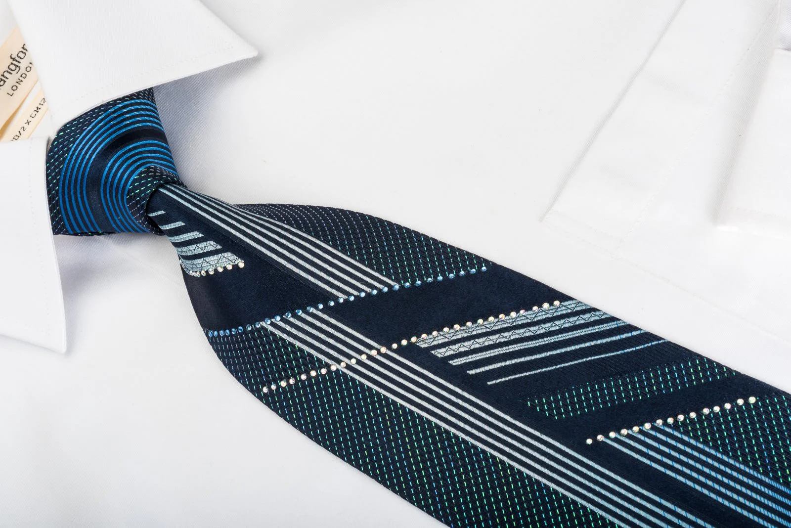 Austin Reed Rhinestone Silk Necktie Vertical Striped On Navy Covered With Turquoise Sparkles - Image 3