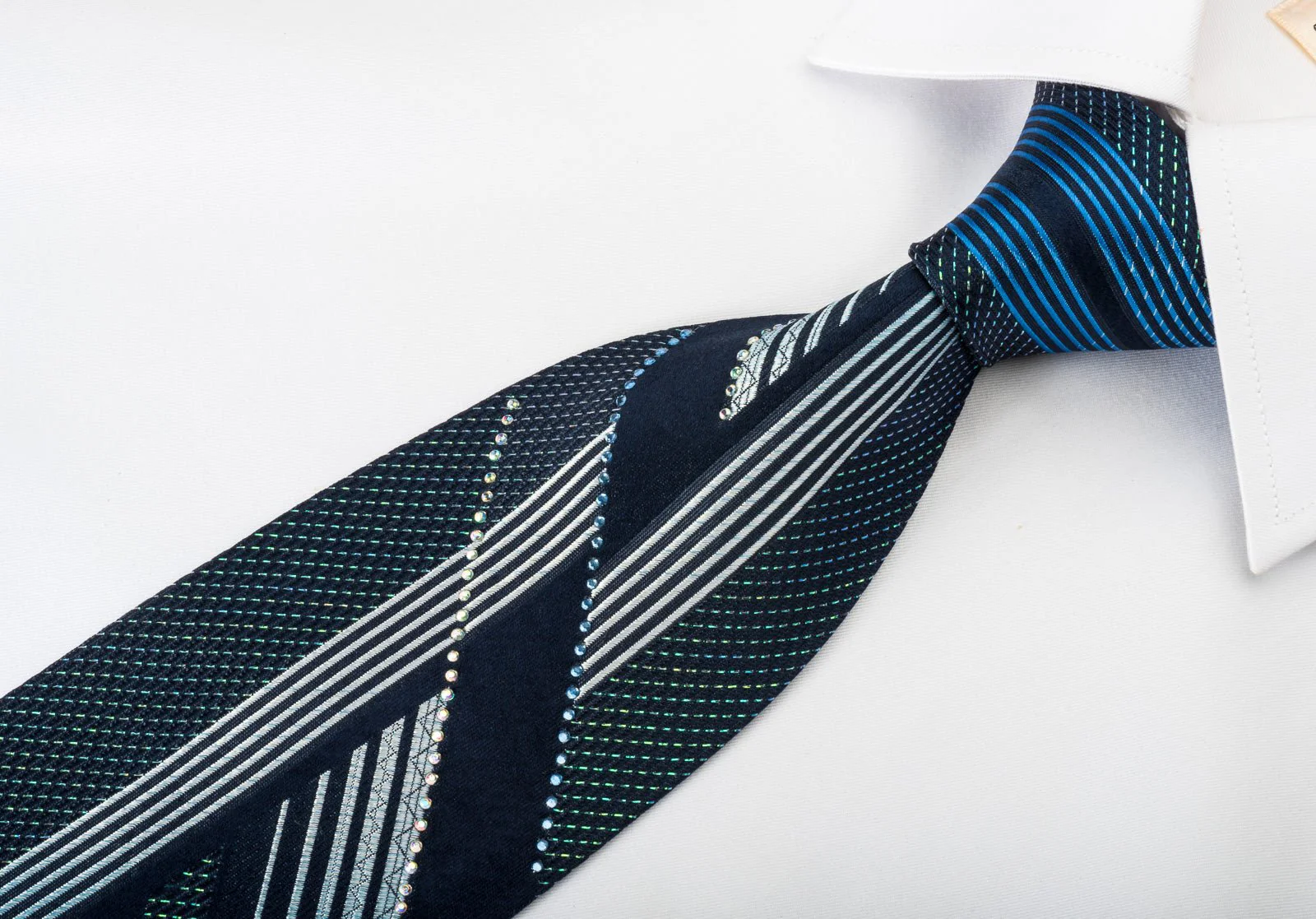 Austin Reed Rhinestone Silk Necktie Vertical Striped On Navy Covered With Turquoise Sparkles - Image 4