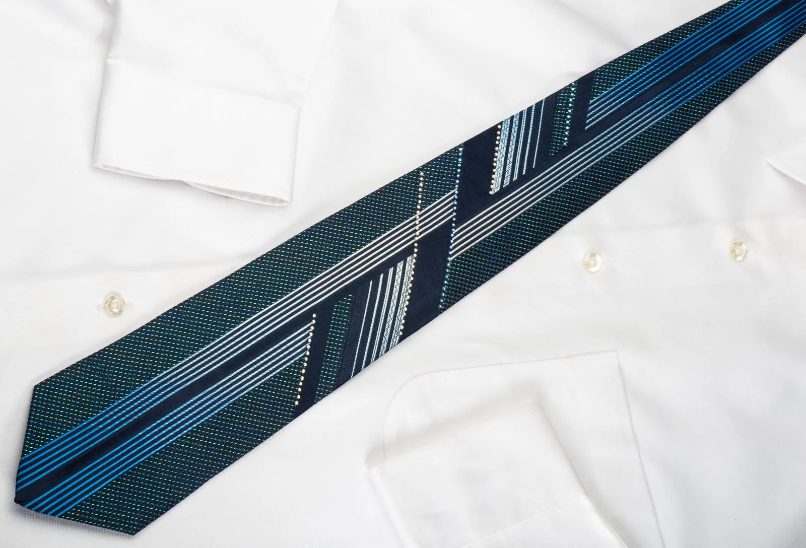 Austin Reed Rhinestone Silk Necktie Vertical Striped On Navy Covered With Turquoise Sparkles - Image 5