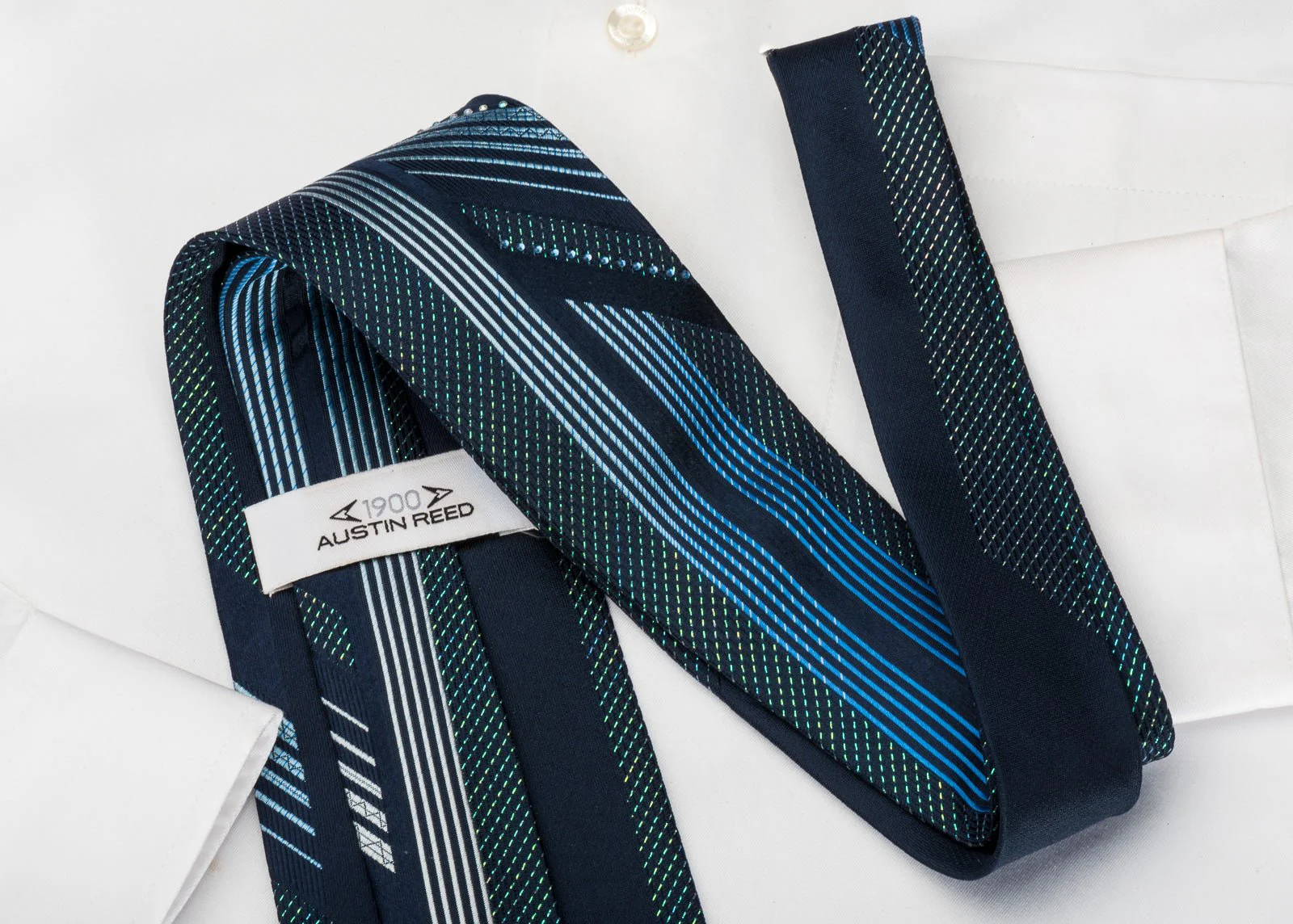 Austin Reed Rhinestone Silk Necktie Vertical Striped On Navy Covered With Turquoise Sparkles - Image 7