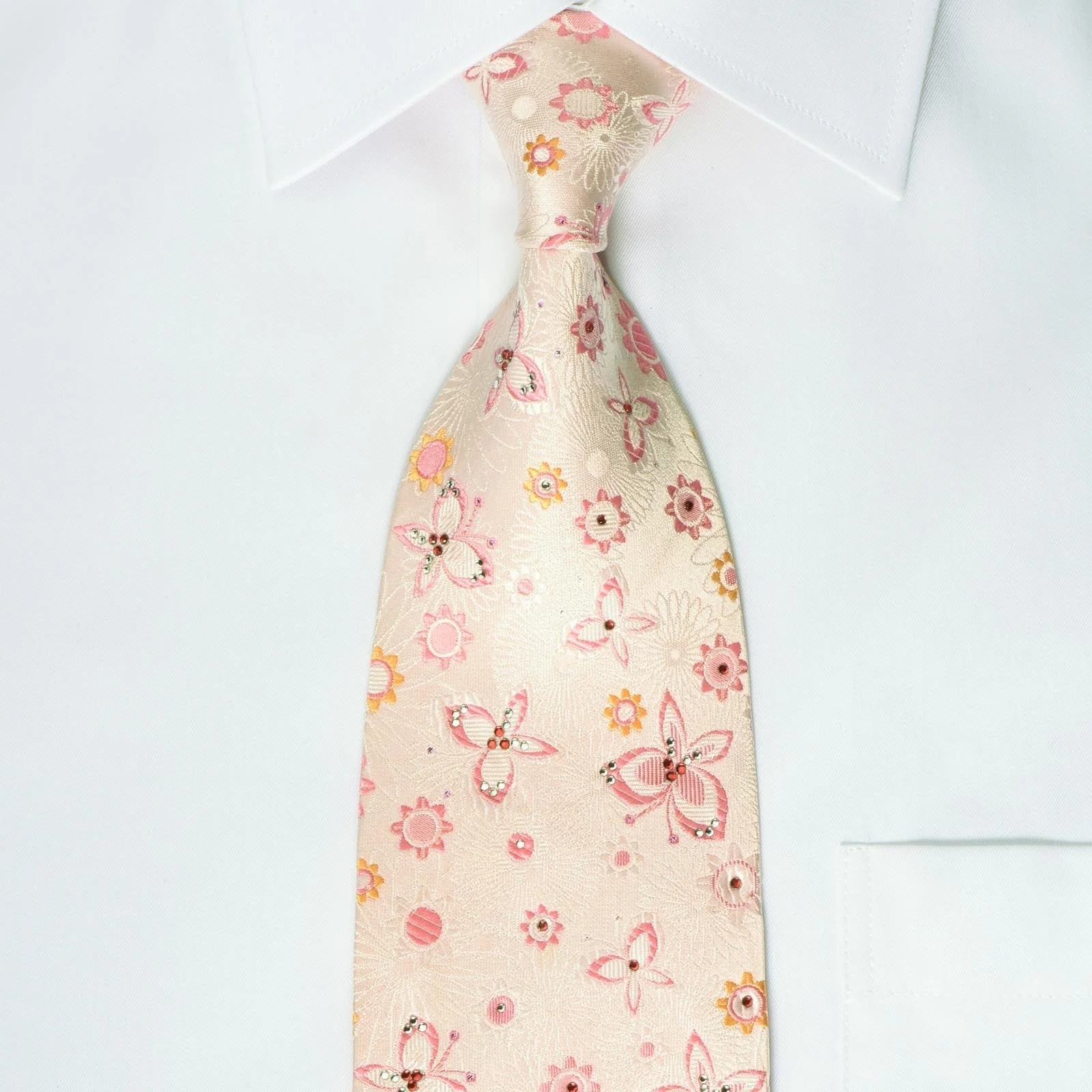 Austin Reed Silk Necktie Butterflies & Floral On Pink With Rhinestones - Image 3