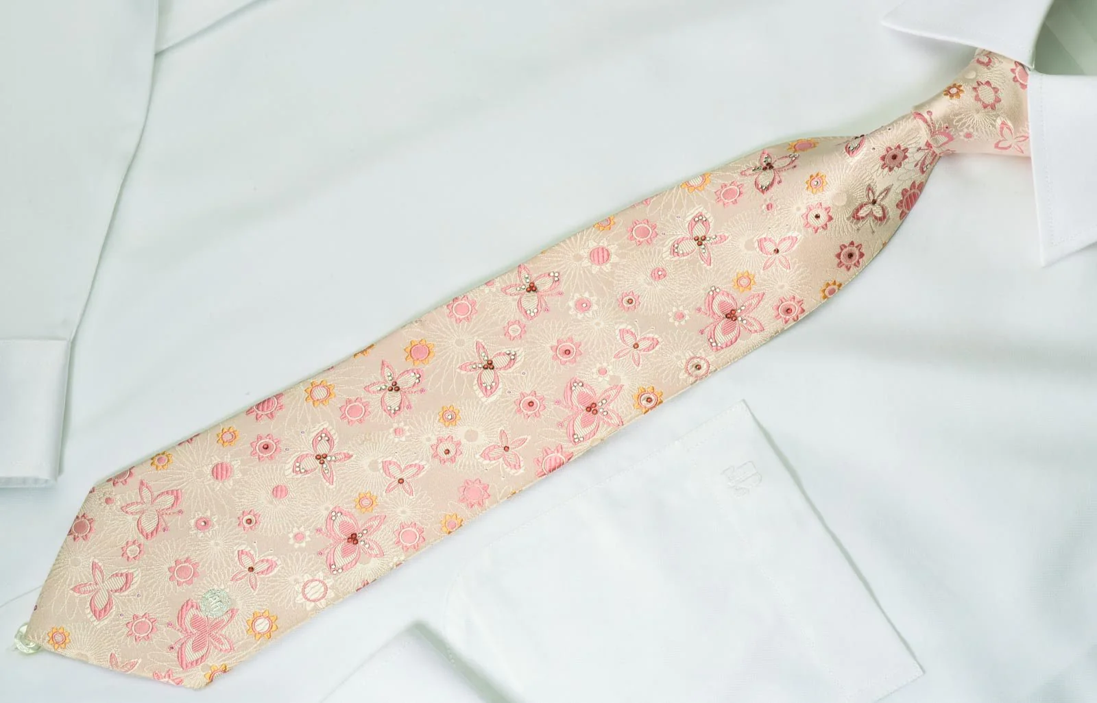 Austin Reed Silk Necktie Butterflies & Floral On Pink With Rhinestones - Image 5