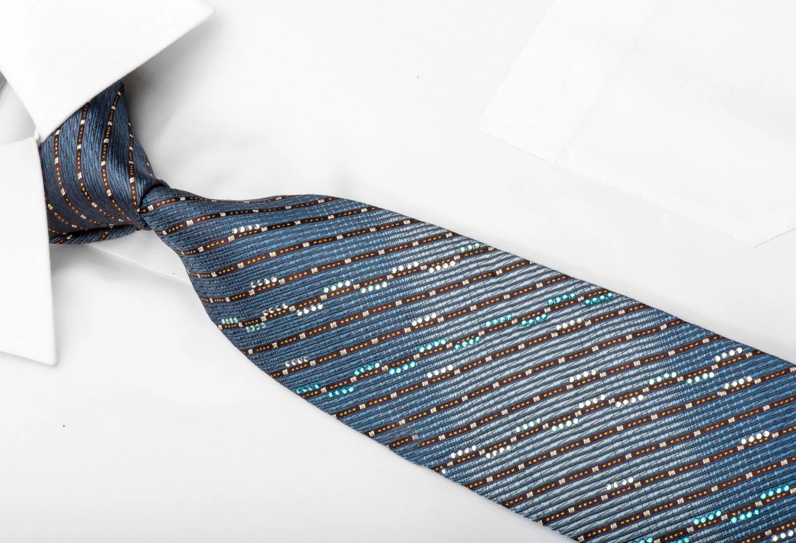 Avalon Men's Rhinestone Tie Brown Striped On Blue With Gold Sparkles - Image 3