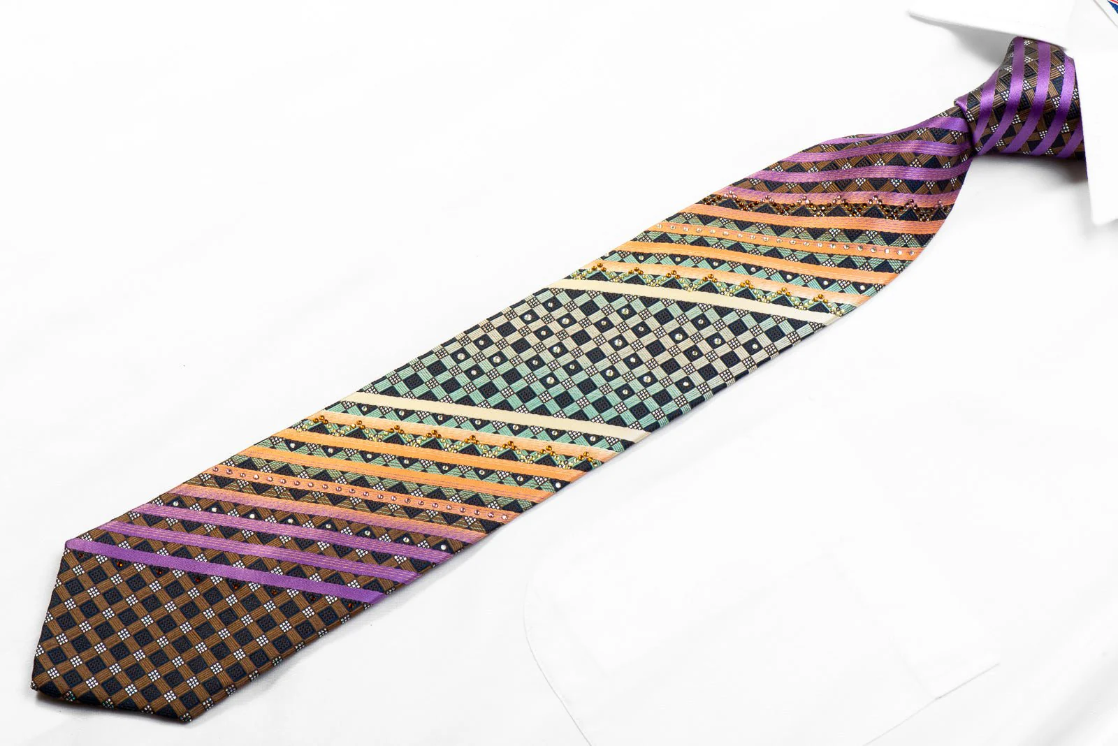 Avalon Rhinestone Silk Necktie Orange Purple Striped On Navy With Silver Sparkles - Image 3