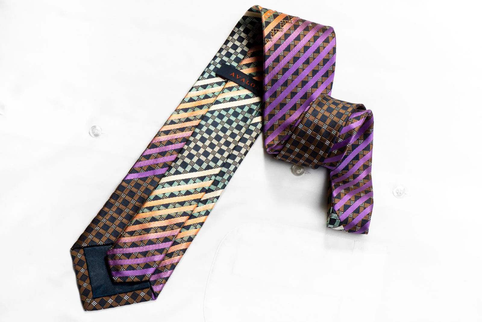 Avalon Rhinestone Silk Necktie Orange Purple Striped On Navy With Silver Sparkles - Image 5