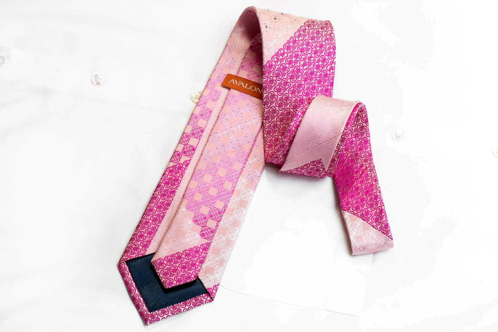 Avalon Rhinestone Silk Necktie Purple Cartouche On Pink With Sparkles - Image 5