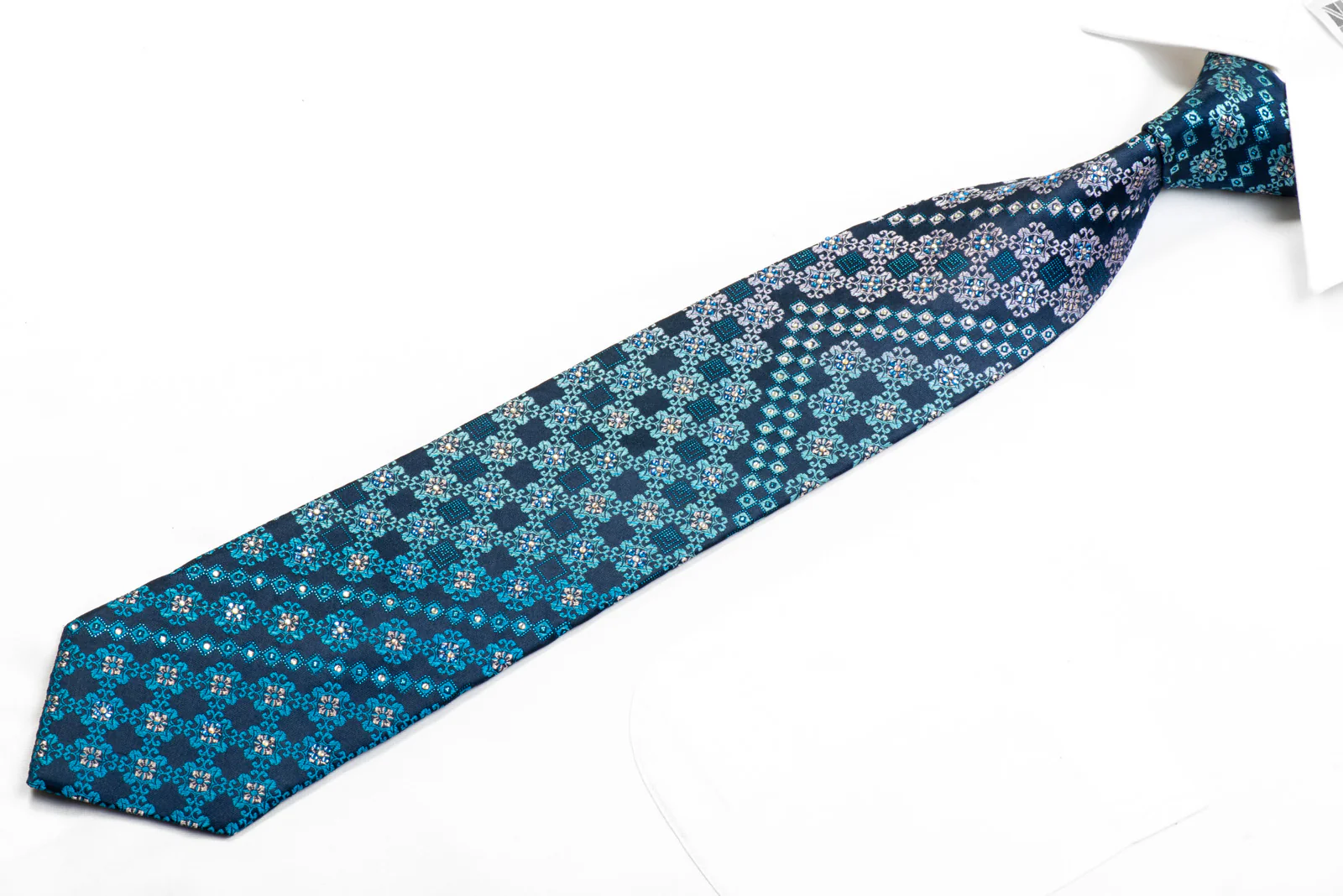 Avalon Rhinestone Silk Necktie Silver Blue Cartouche On Navy With Sparkles - Image 3