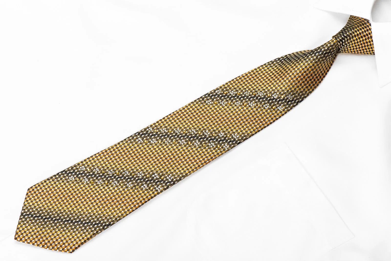 Avolio Men's Crystal Rhinestone Silk Tie Yellow Black Gray Checkered With Gold Sparkles - Image 3