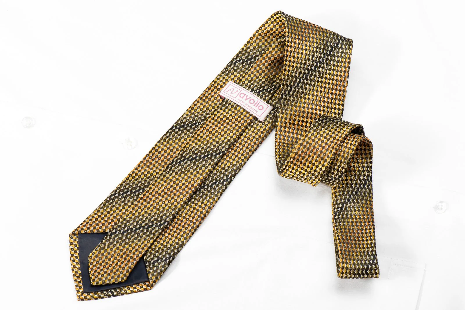 Avolio Men's Crystal Rhinestone Silk Tie Yellow Black Gray Checkered With Gold Sparkles - Image 4