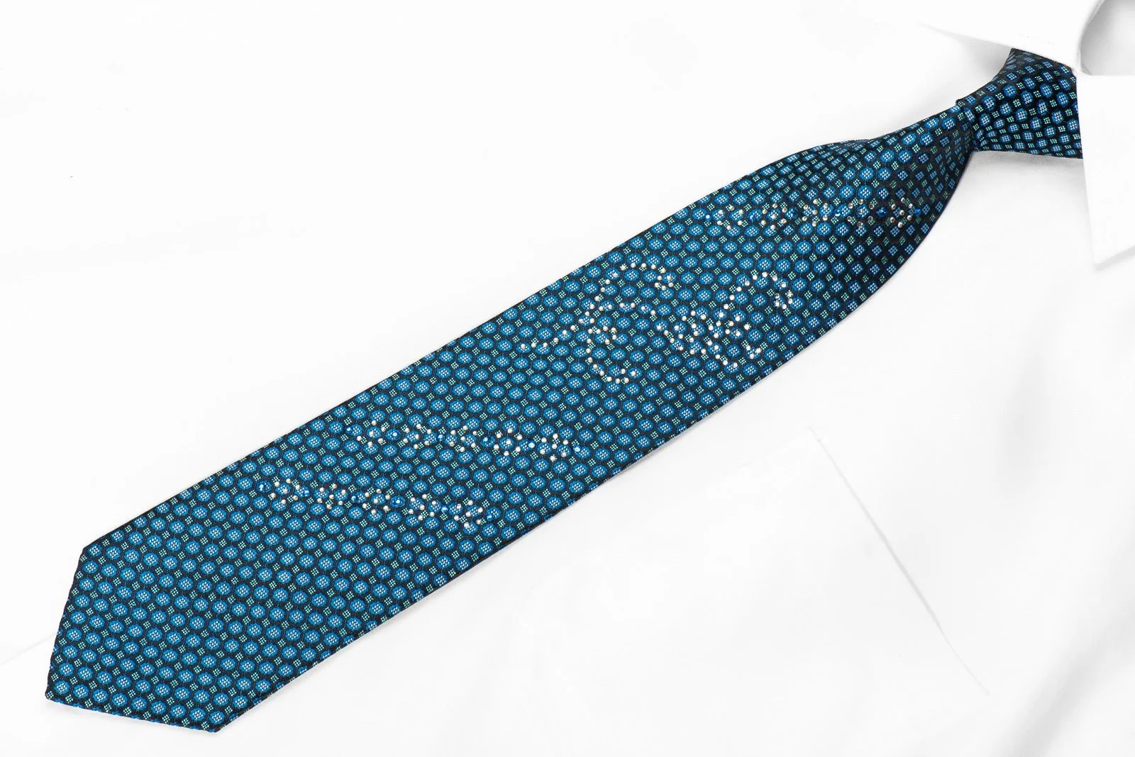 Avolio Men's Crystal Silk Tie Blue Geometric On Black With Blue Sparkles - Image 4
