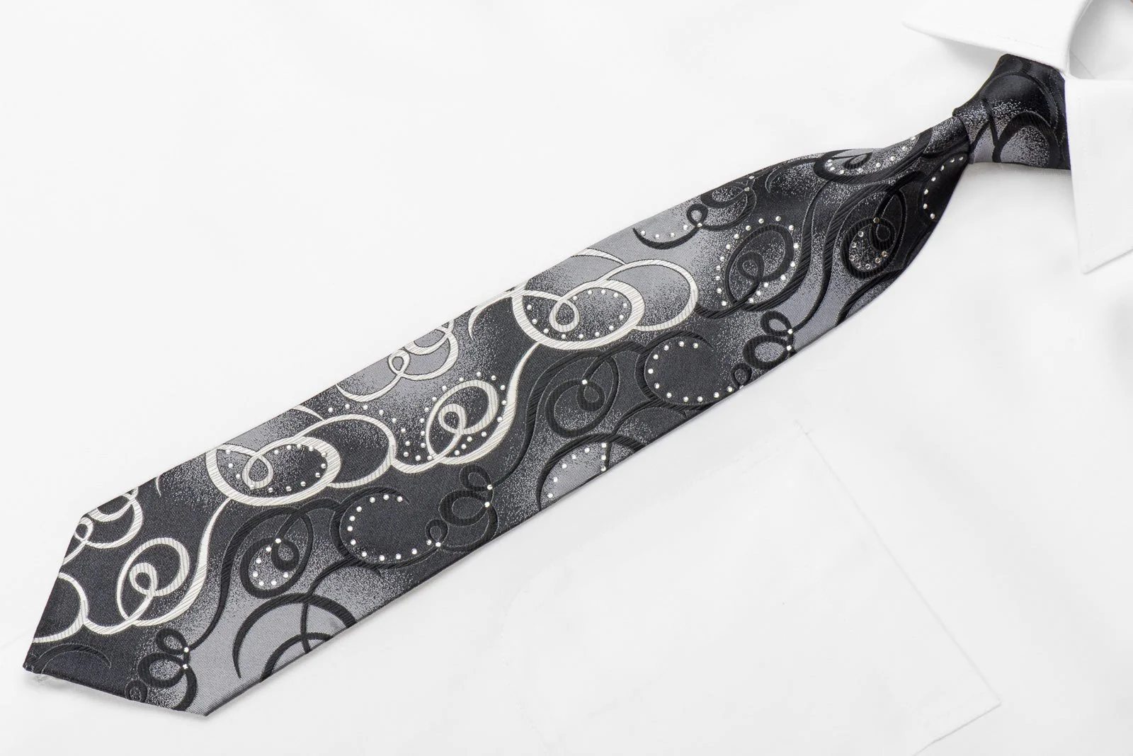 Avolio Men's Crystal Silk Tie Silver Black Scrolls On Black With Silver Sparkles - Image 3