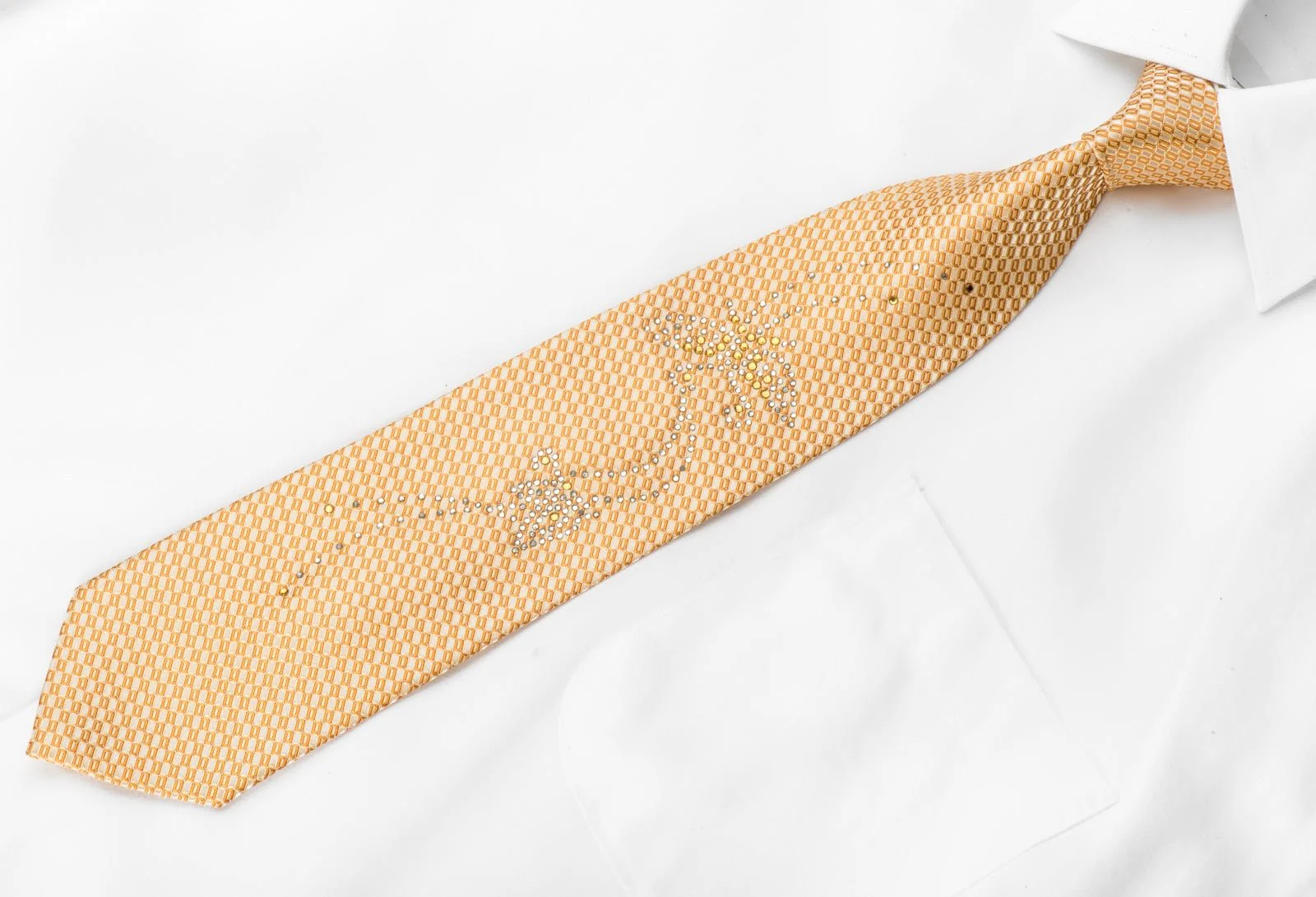 Avolio Men's Silk Necktie Crystal Rhinestone Butterflies On Peach Orange Checker With Sparkles - Image 3