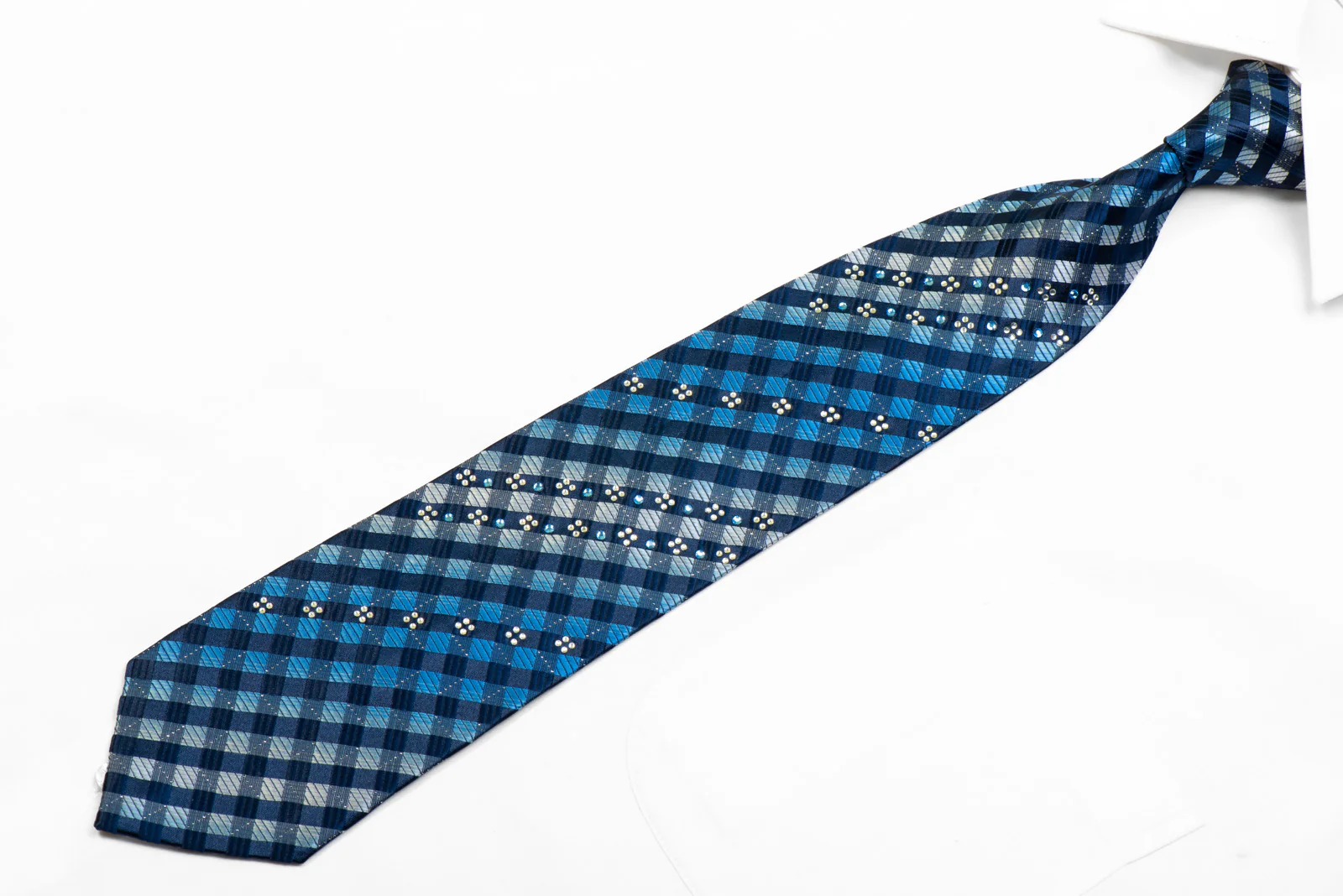 Avolio Rhinestone Silk Necktie Blue Checkered With Silver Sparkles - Image 3