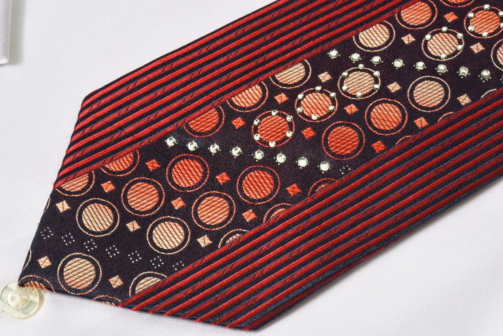 Avolio Rhinestone Silk Necktie Orange Geometric Design On Black - Image 5