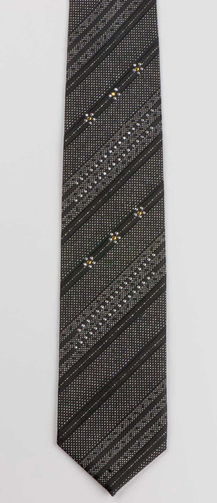 Avolio Silk Tie Silver Stiped Sparkles On Black With Rhinestones Necktie - Image 3