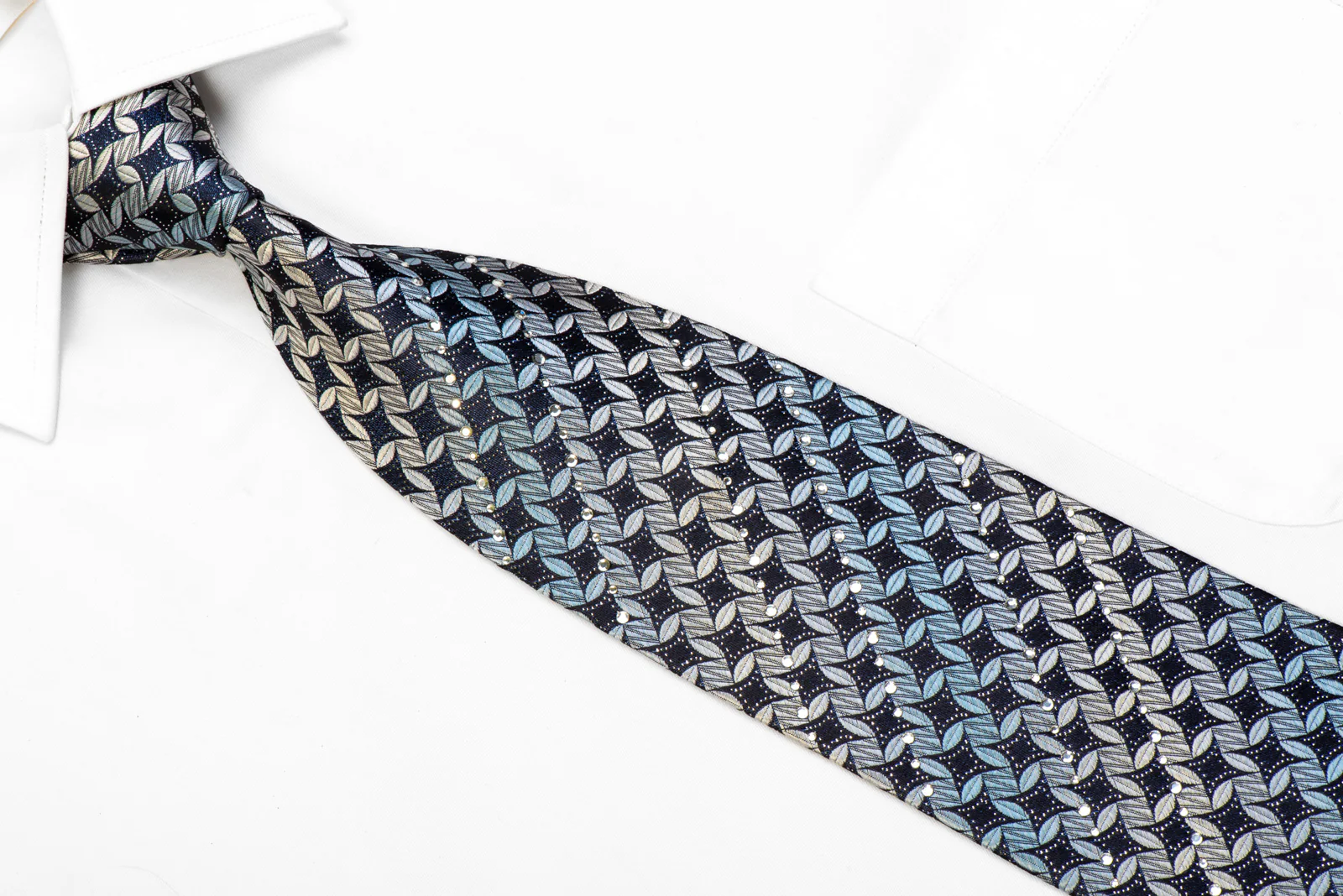 B-Classic Men's Rhinestone Silk Tie Silver Geometric On Navy With Sparkles - Image 2