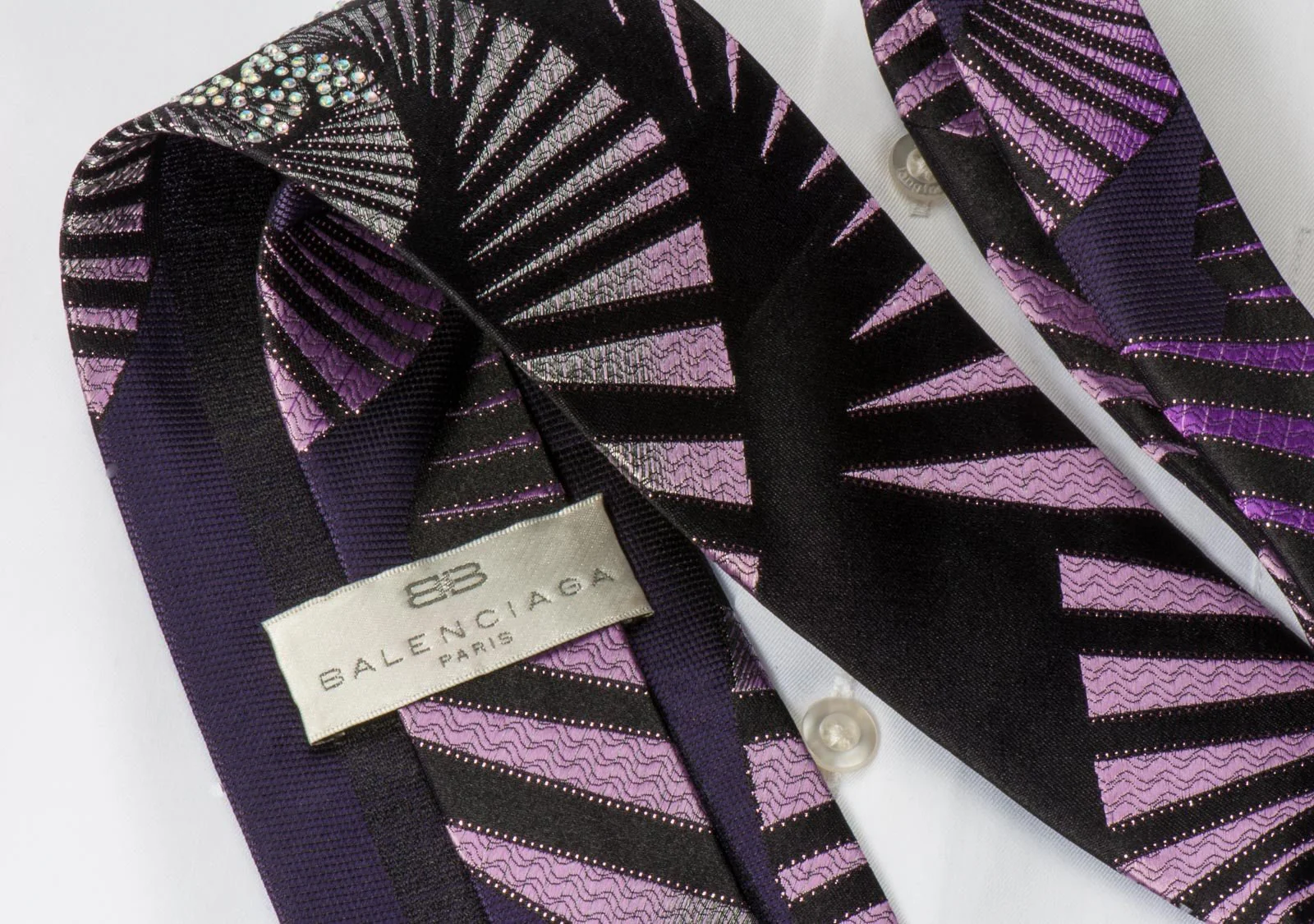 Balenciaga Men's Rhinestone Silk Necktie Geometric Design On Purple With Silver Sparkles - Image 2