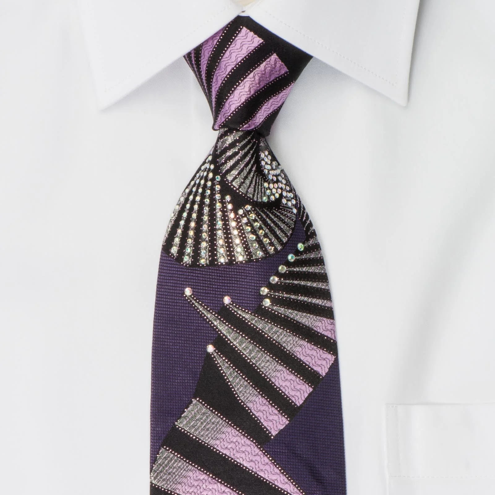 Balenciaga Men's Rhinestone Silk Necktie Geometric Design On Purple With Silver Sparkles - Image 5