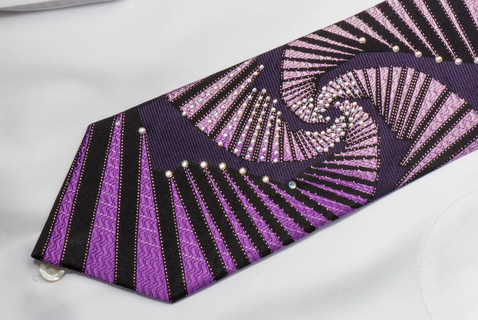 Balenciaga Men's Rhinestone Silk Necktie Geometric Design On Purple With Silver Sparkles - Image 7