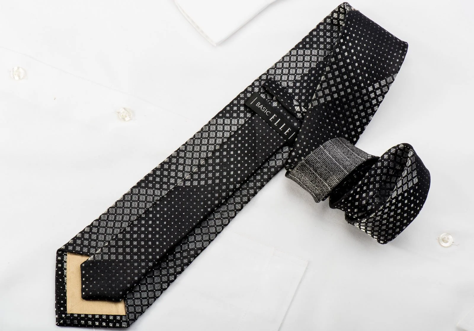 Basic Elle Crystal Studded Black Rhinestone Necktie Silver Checker Squares On Black With Silver Sparkles - Image 3