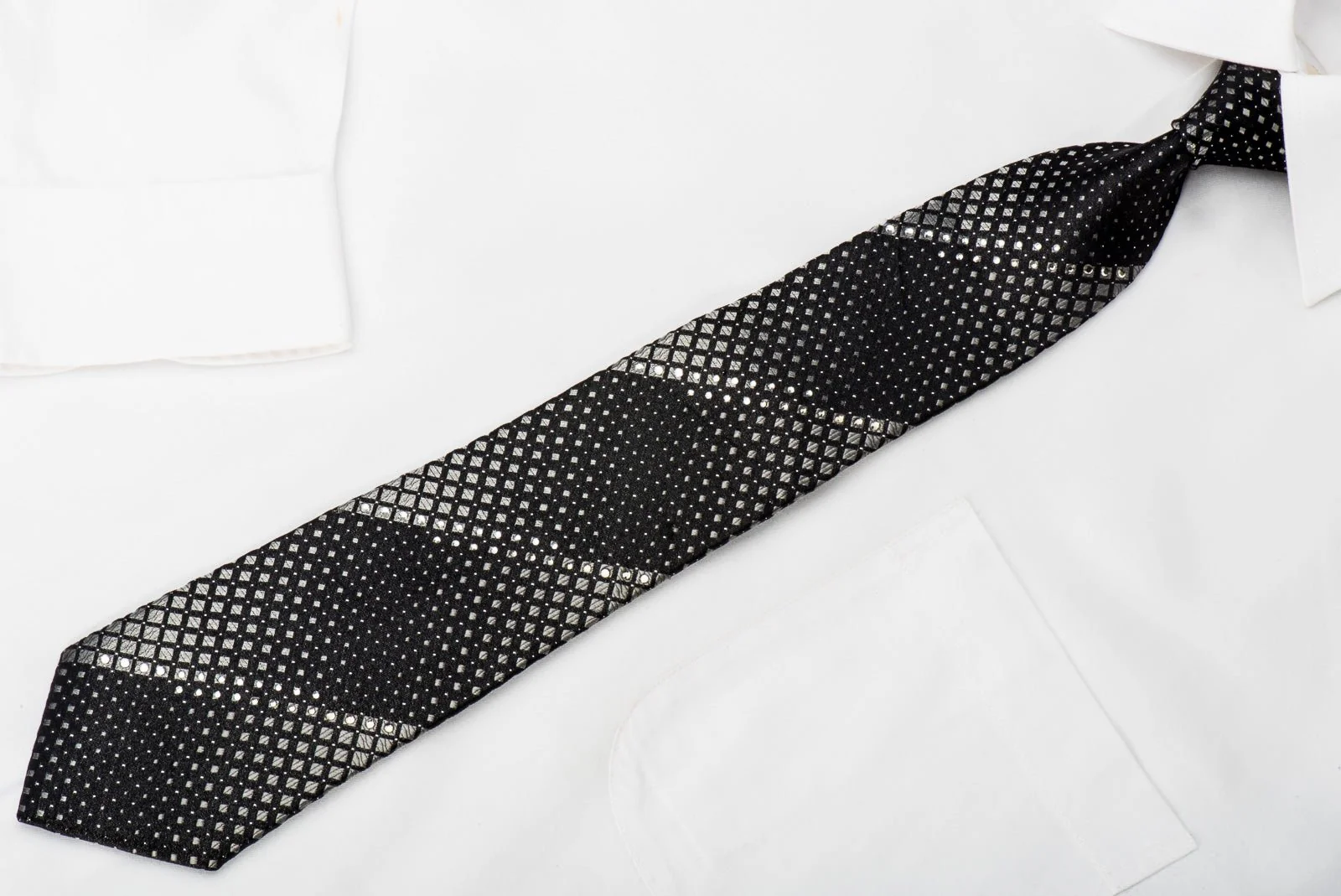 Basic Elle Crystal Studded Black Rhinestone Necktie Silver Checker Squares On Black With Silver Sparkles - Image 4