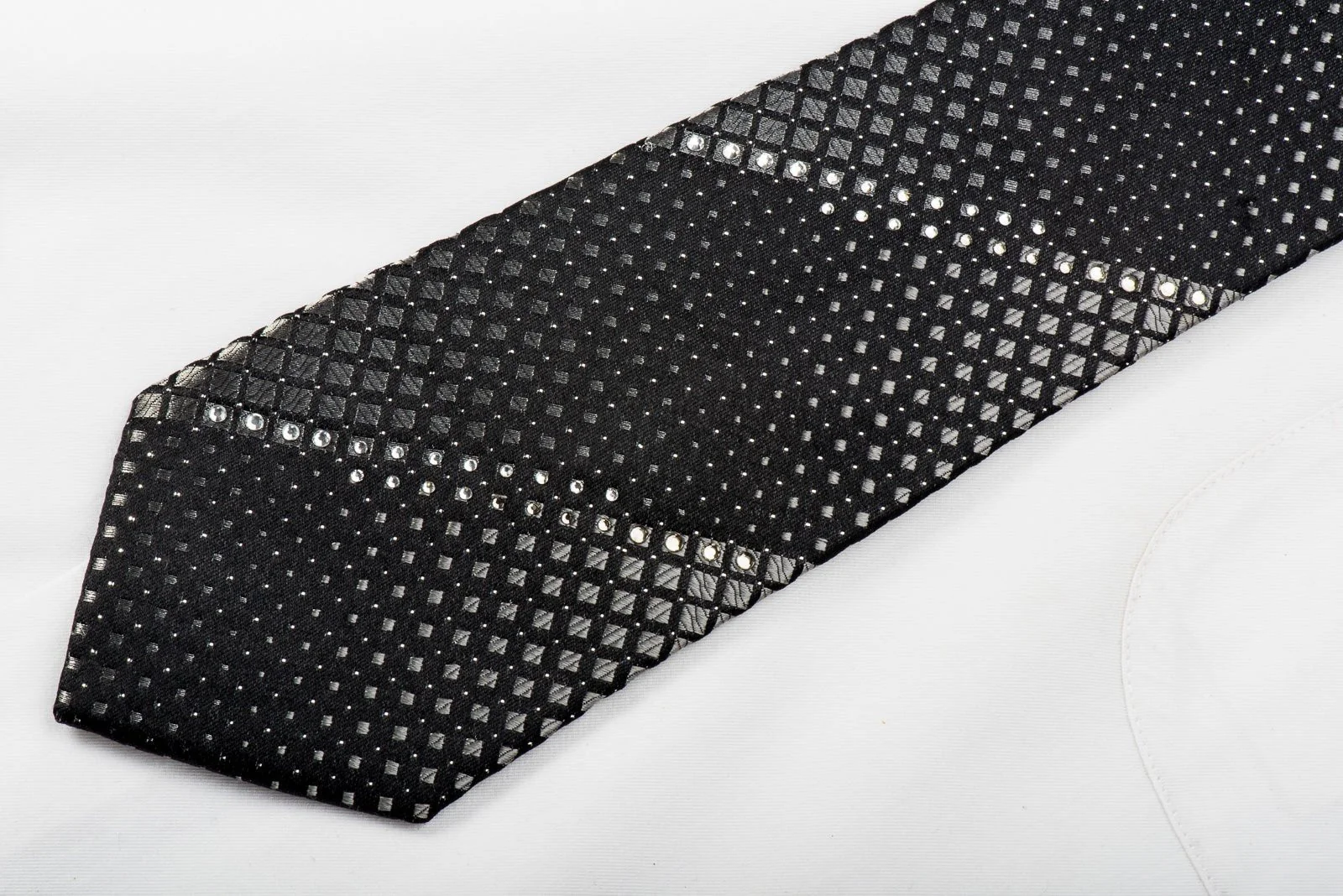 Basic Elle Crystal Studded Black Rhinestone Necktie Silver Checker Squares On Black With Silver Sparkles - Image 5