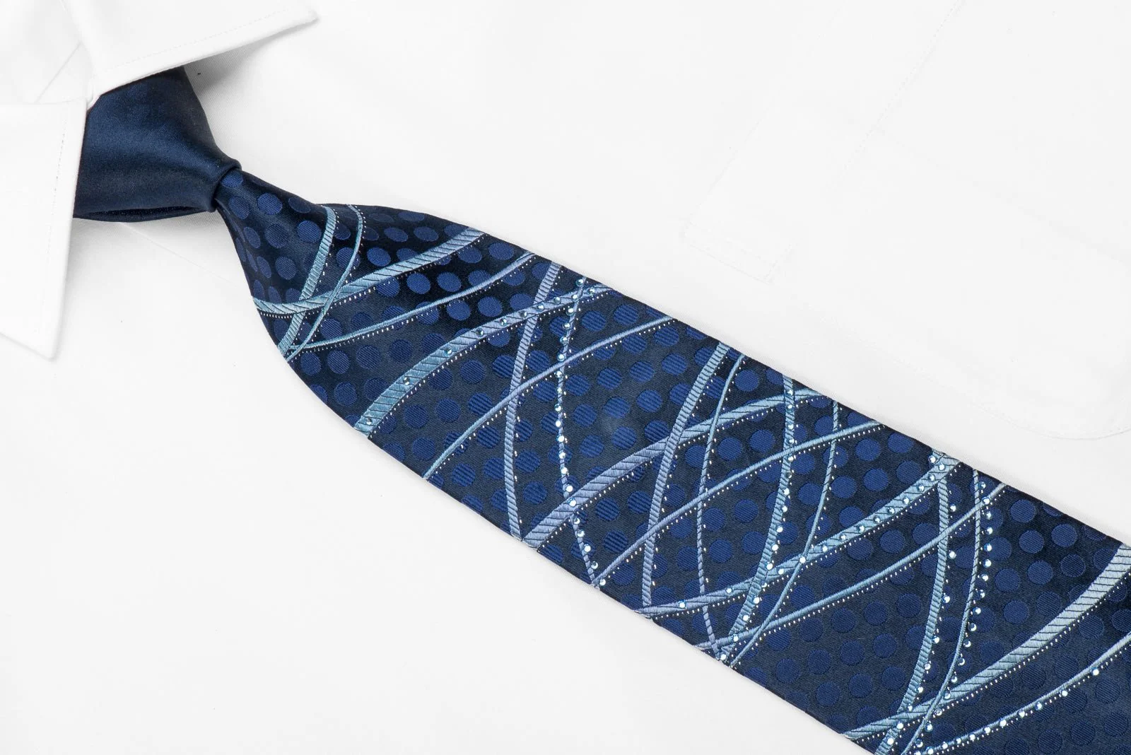 Basic Elle Men's Crystal Silk Necktie Waves On Blue With Silver Sparkles - Image 3