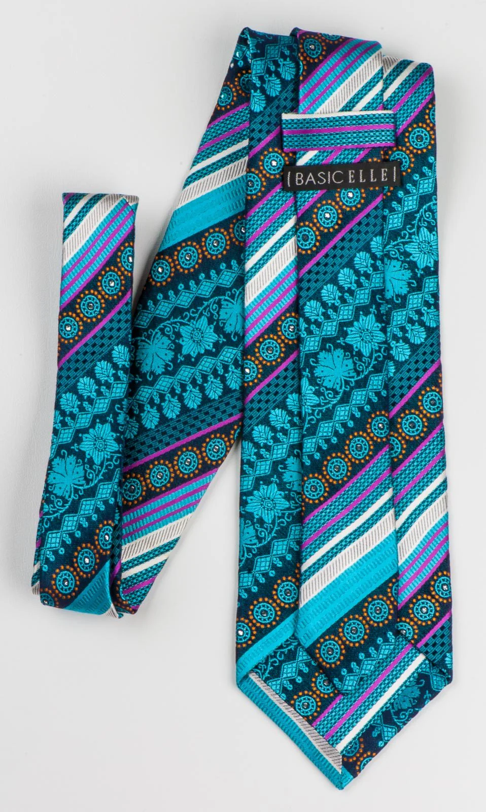 Basic Elle Mens Silk Rhinestone Necktie Turquoise Purple Stripes & Anthemion - Image 3