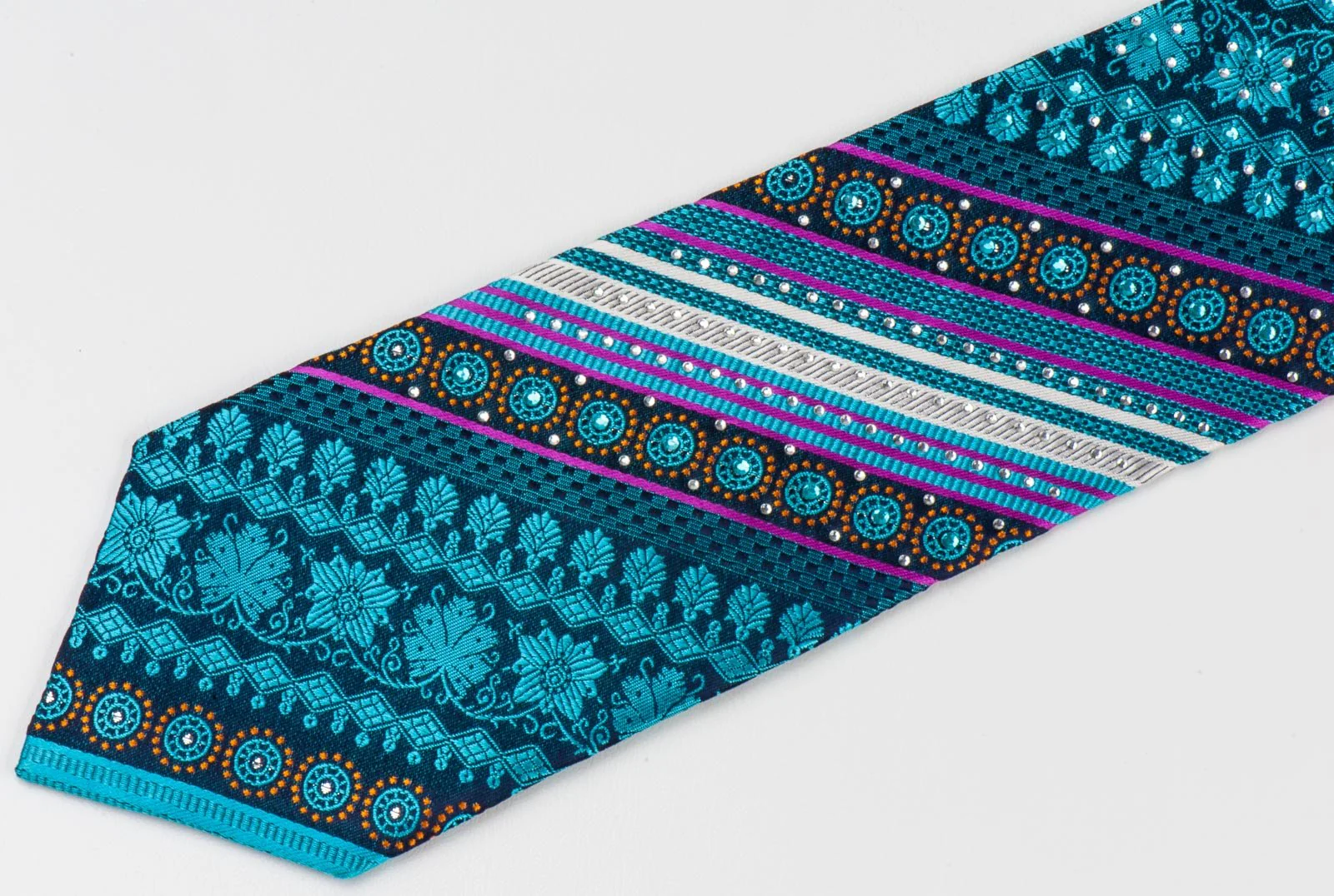 Basic Elle Mens Silk Rhinestone Necktie Turquoise Purple Stripes & Anthemion - Image 6