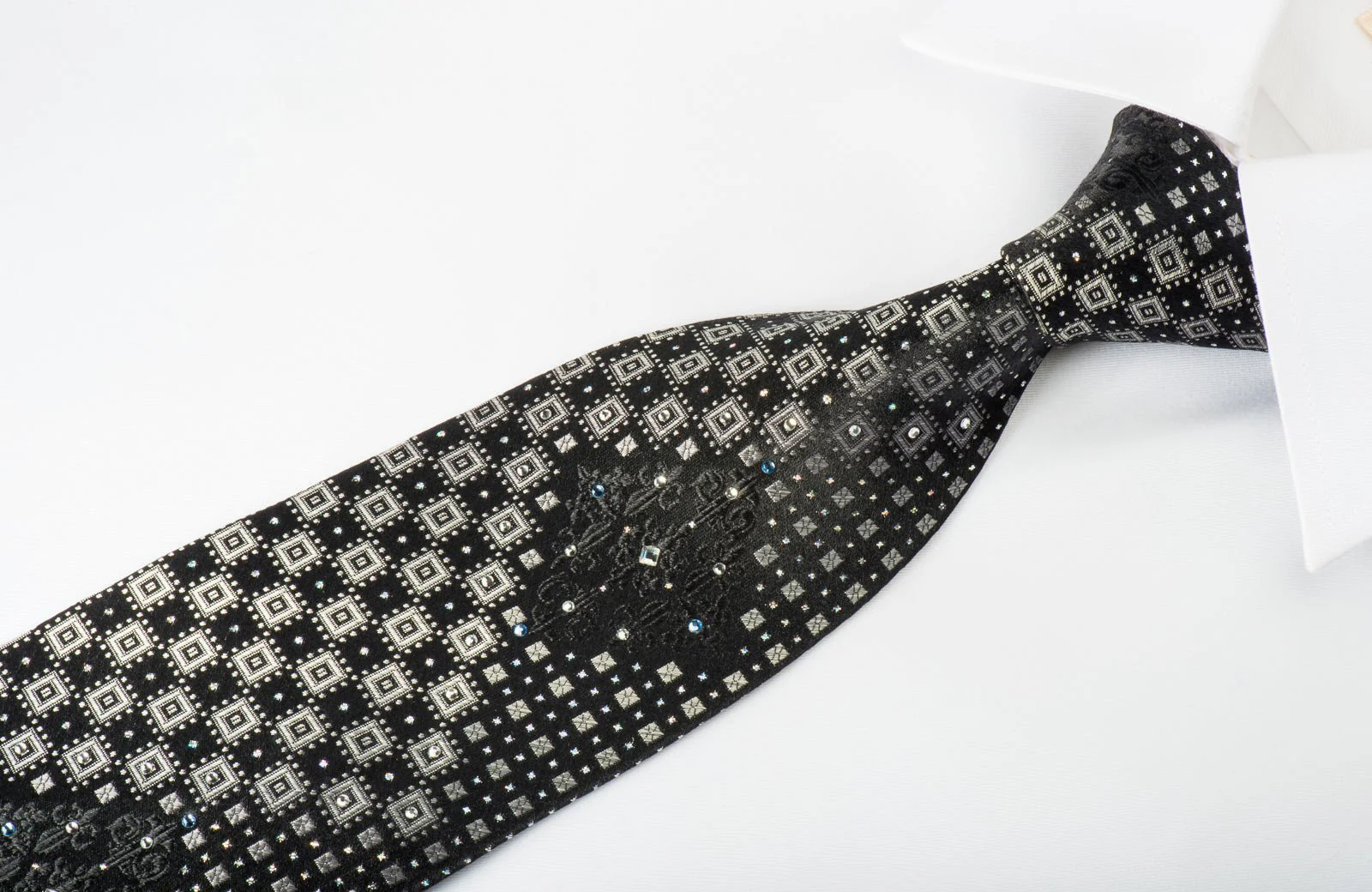 Basic Elle Rhinestone Silk Necktie Silver Geometric On Black With Silver Sparkles - Image 3