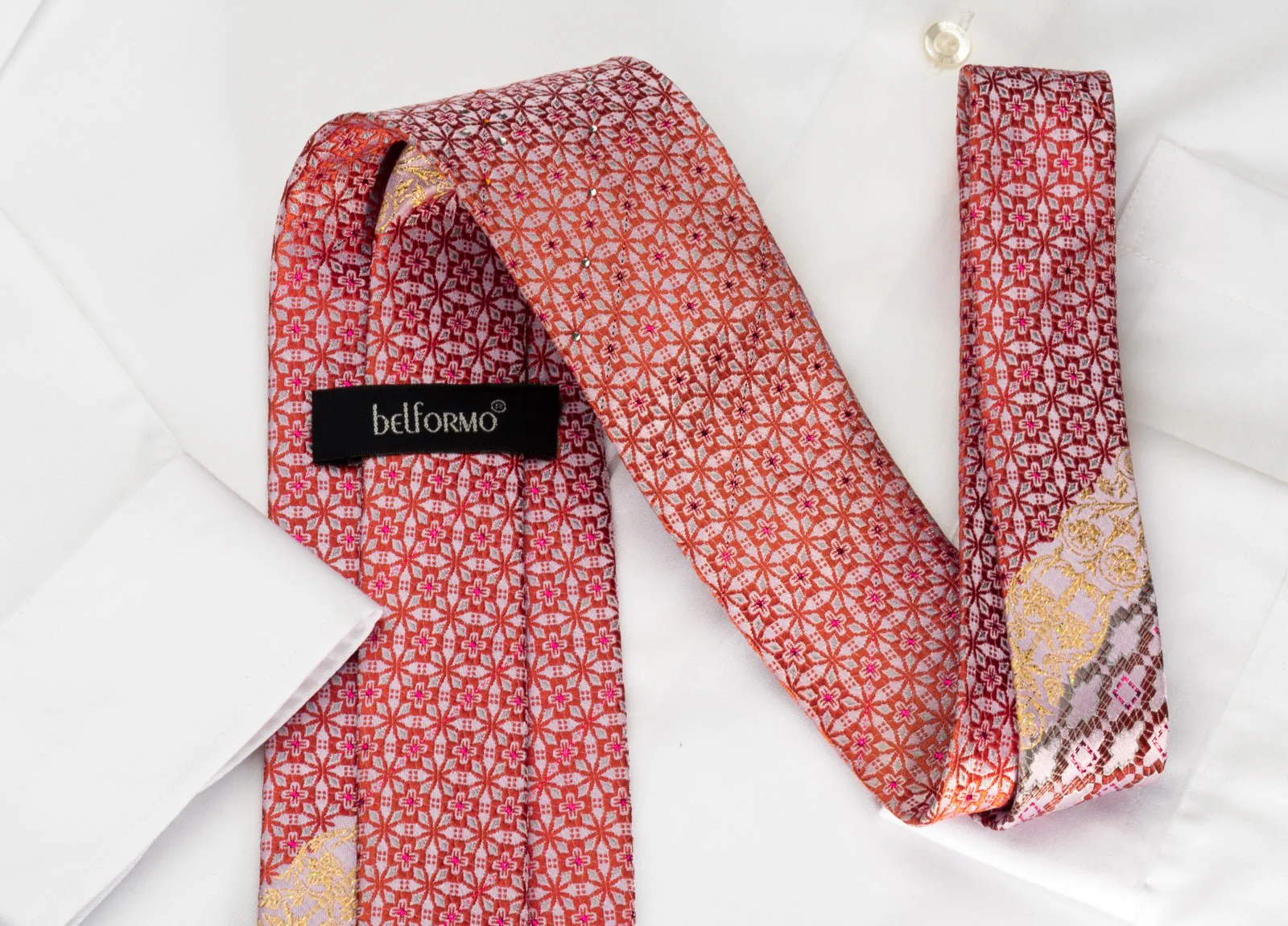 Belformo Rhinestone Silk Necktie Orange Geometric On White With Sparkles - Image 4