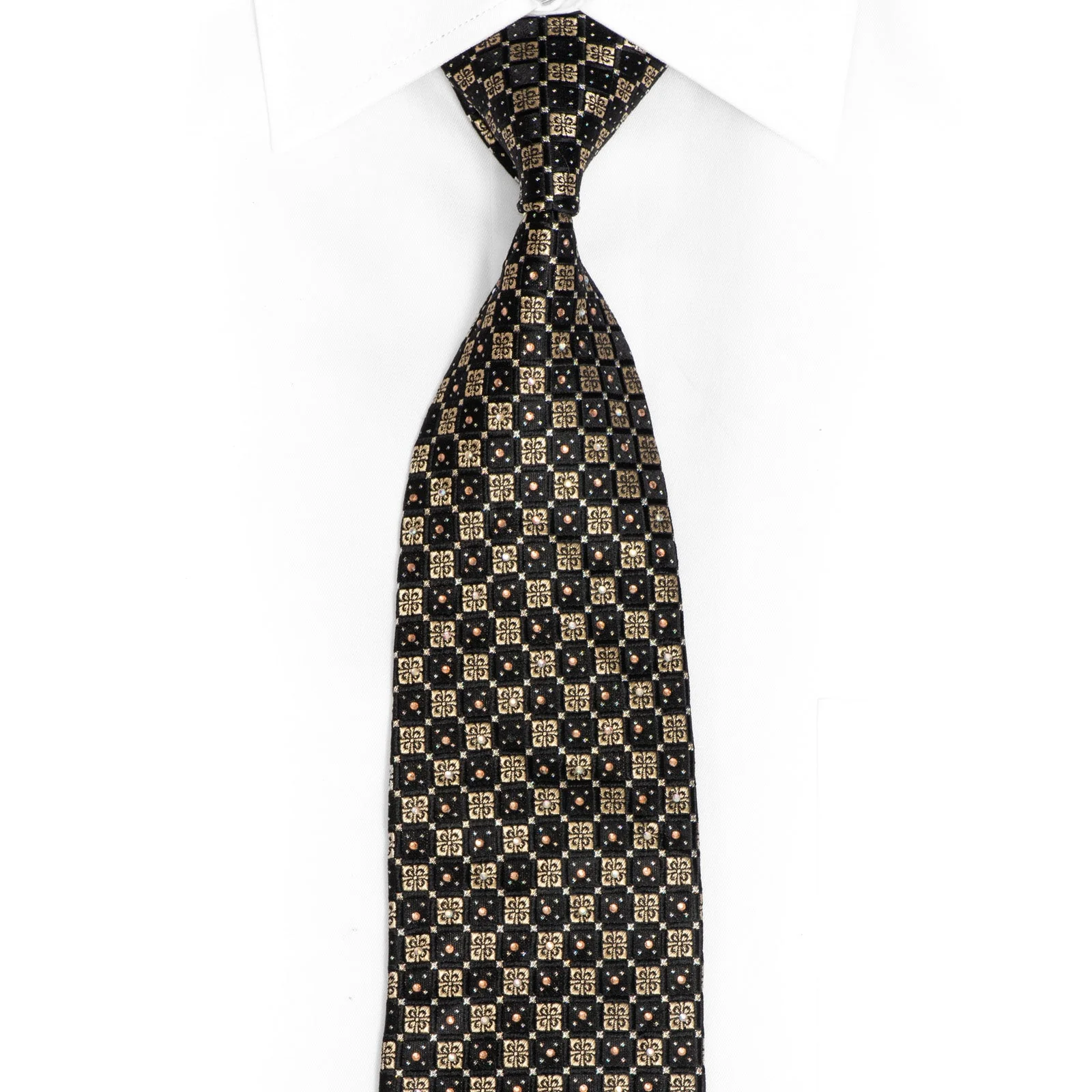 Black Gold Checkered Rhinestone Silk Tie With Silver Sparkles