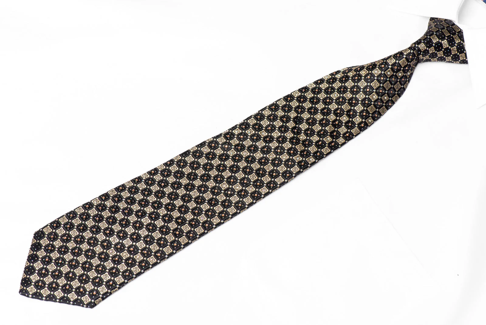 Black Gold Checkered Rhinestone Silk Tie With Silver Sparkles - Image 2