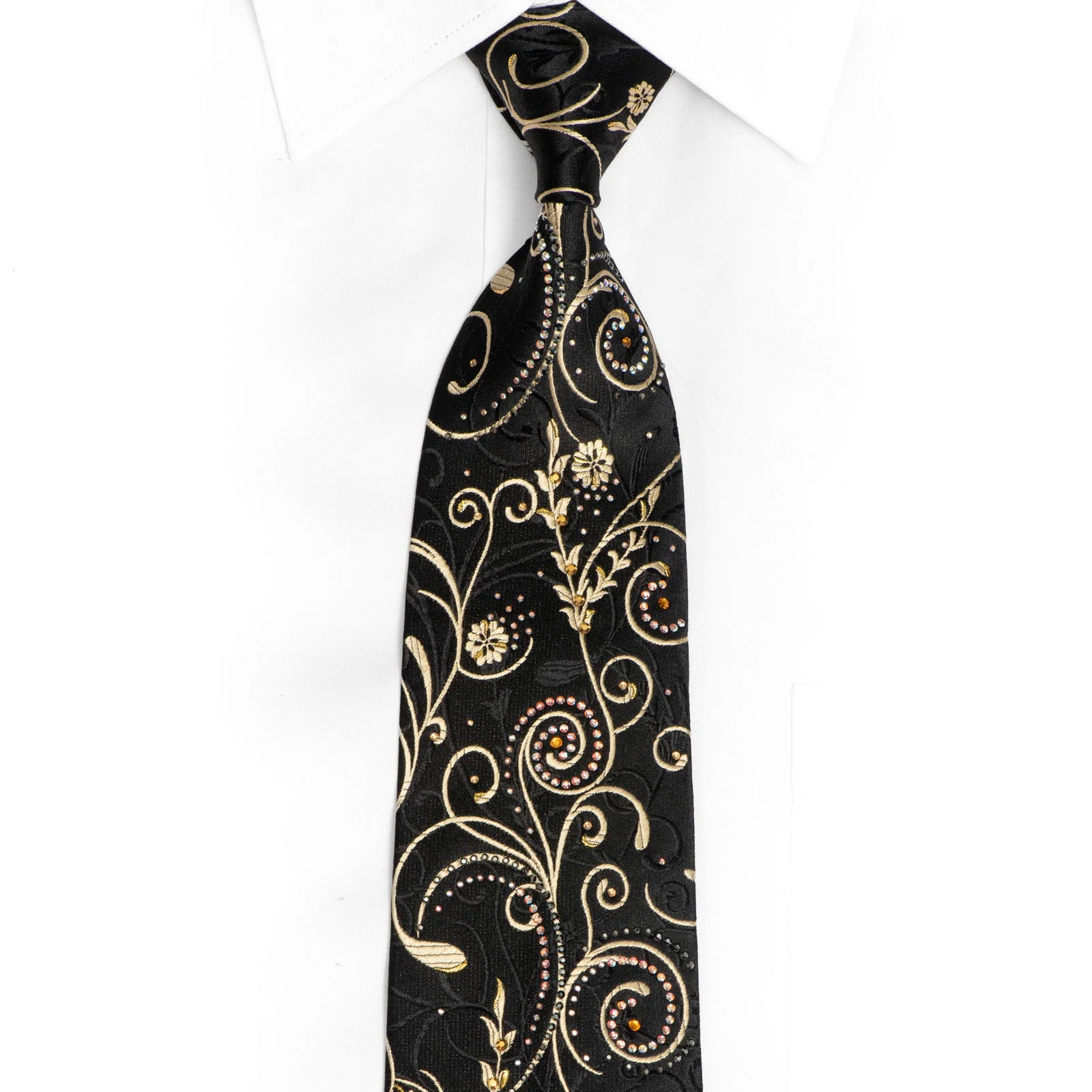 Black Silk Necktie Gold Scrolls On Black Rhinestone Necktie With Gold Sparkles