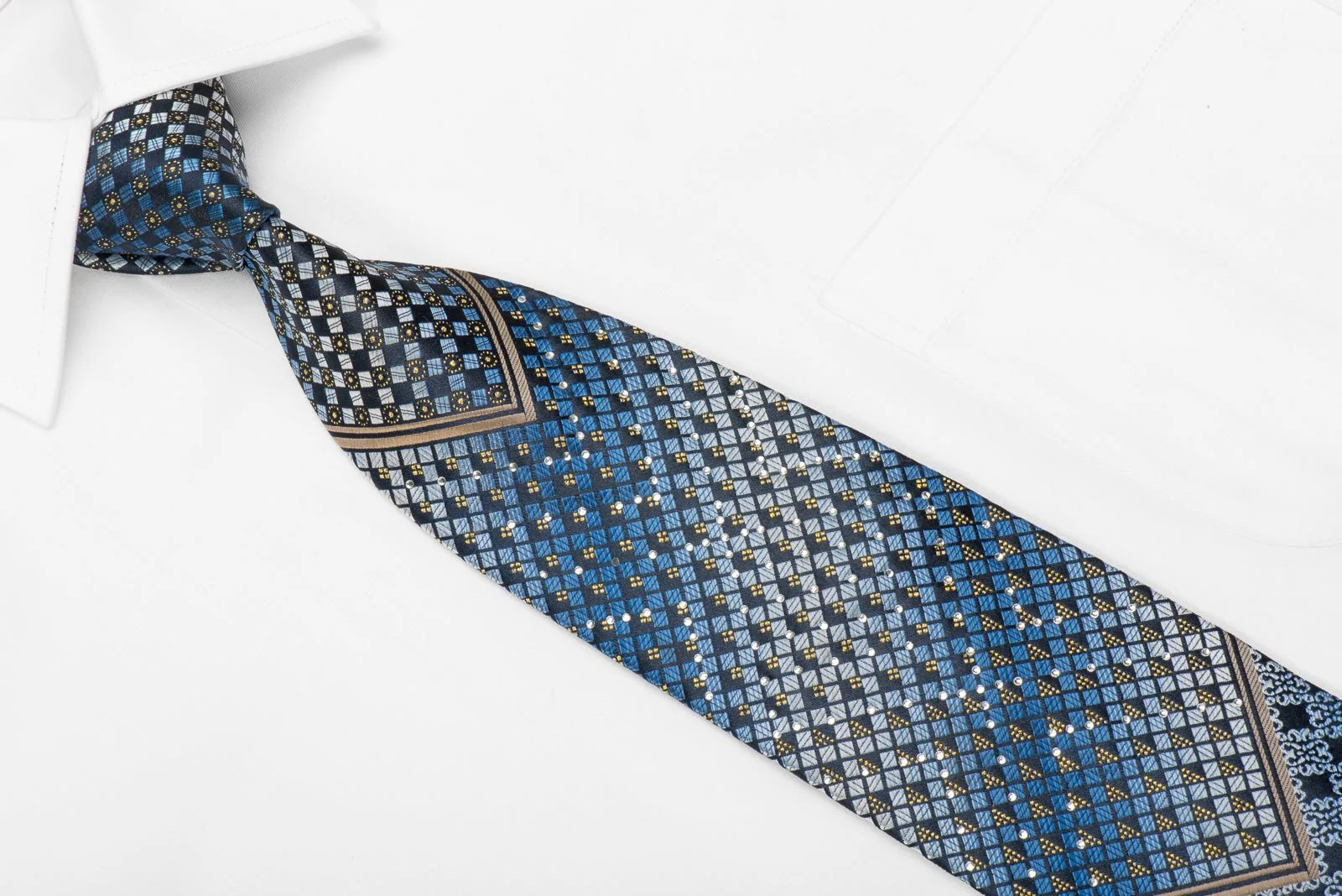 Blu Moon Men's Crystal Silk Necktie Blue Checkered & V-Striped On Navy With Gold Sparkles - Image 3