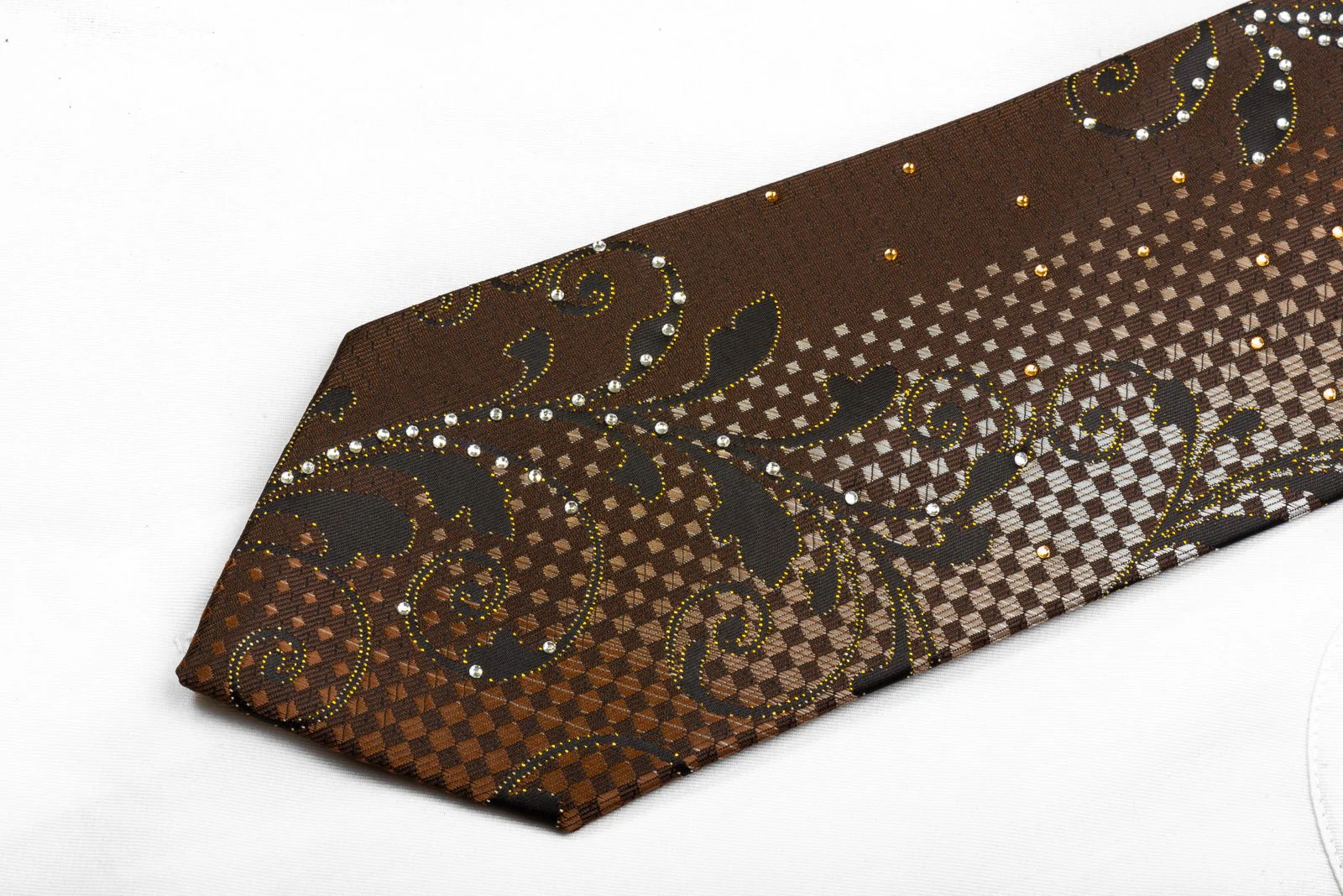 Blu Moon Men's Rhinestone Silk Necktie Acanthus Scrolls On Brown With Gold Sparkles - Image 3