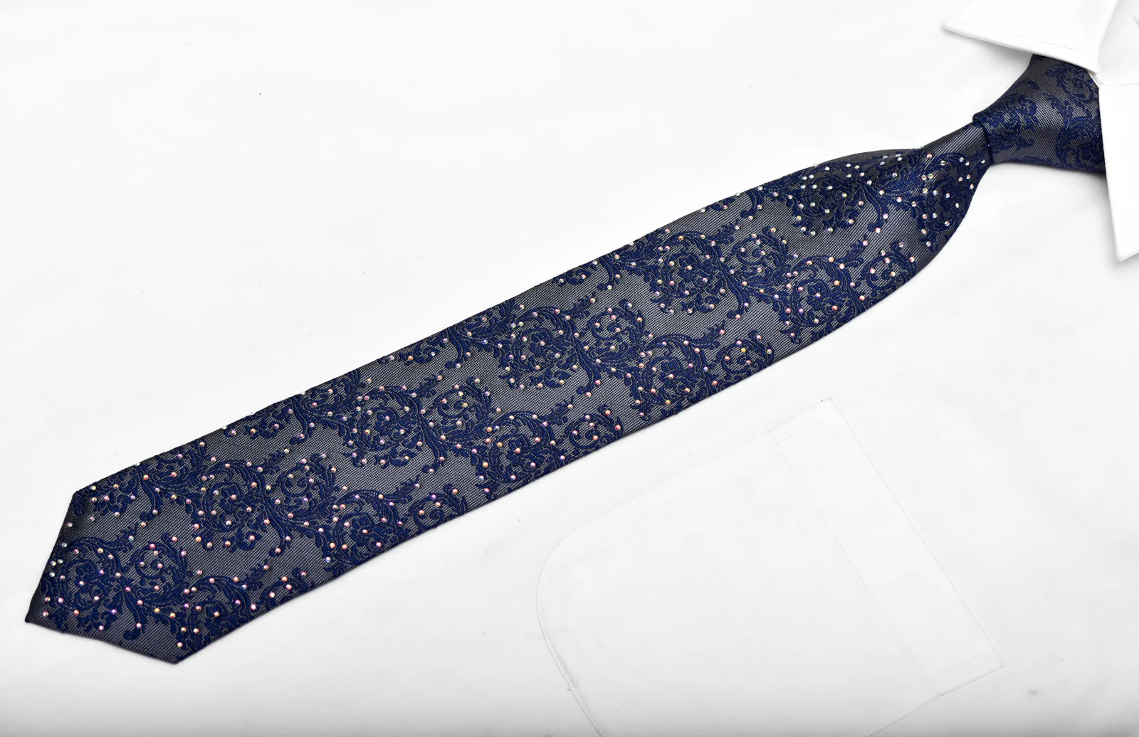 Blue Acanthus Scrolls On Dark Gray Silver Rhinestone Silk Necktie - Image 3