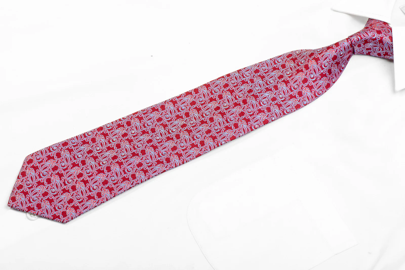 Blue Anthemion On Red Rhinestone Necktie With Silver Sparkles - Image 3