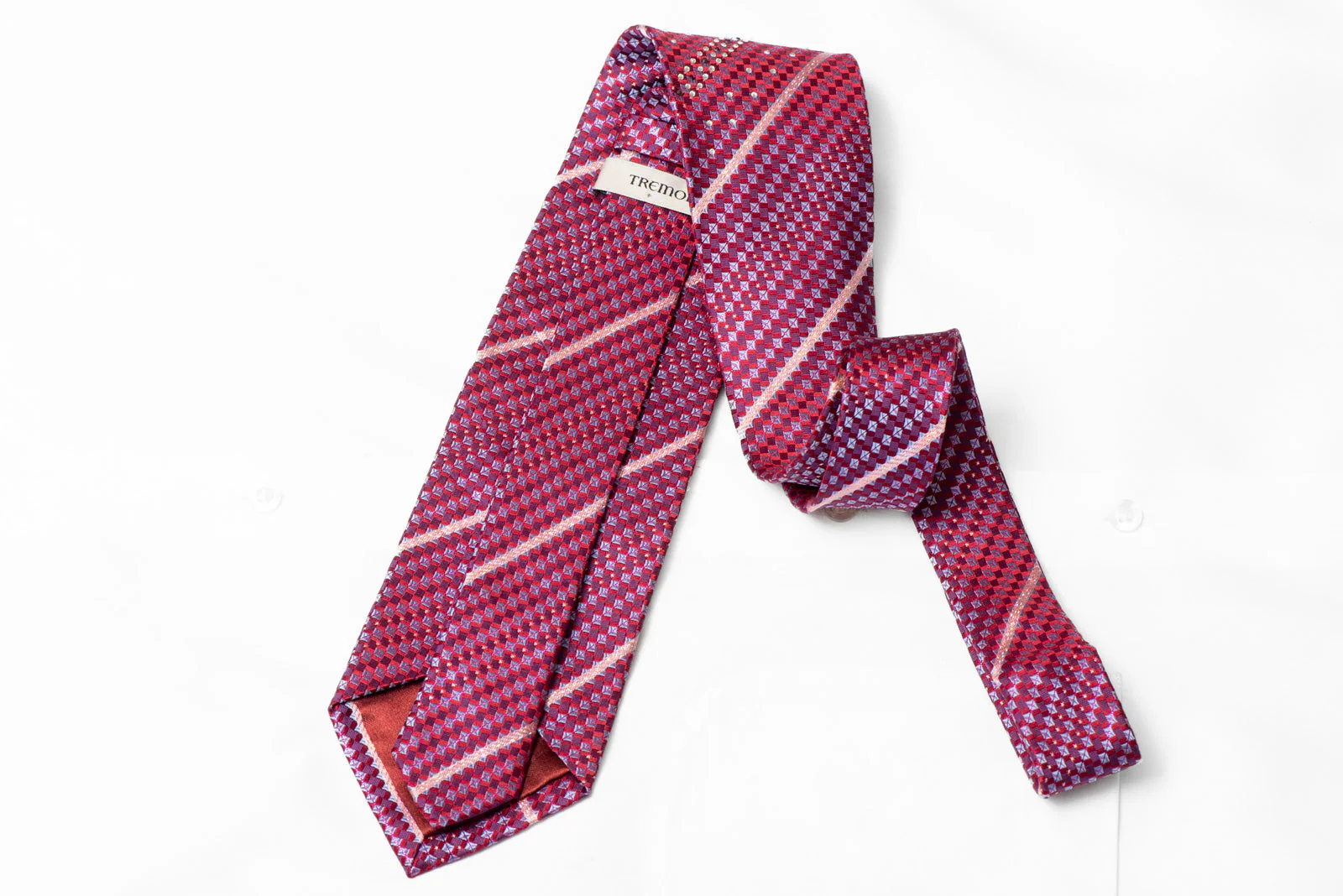 Blue Burgundy Checkered & Stripped Rhinestone Tie With Silver Sparkles - Image 3
