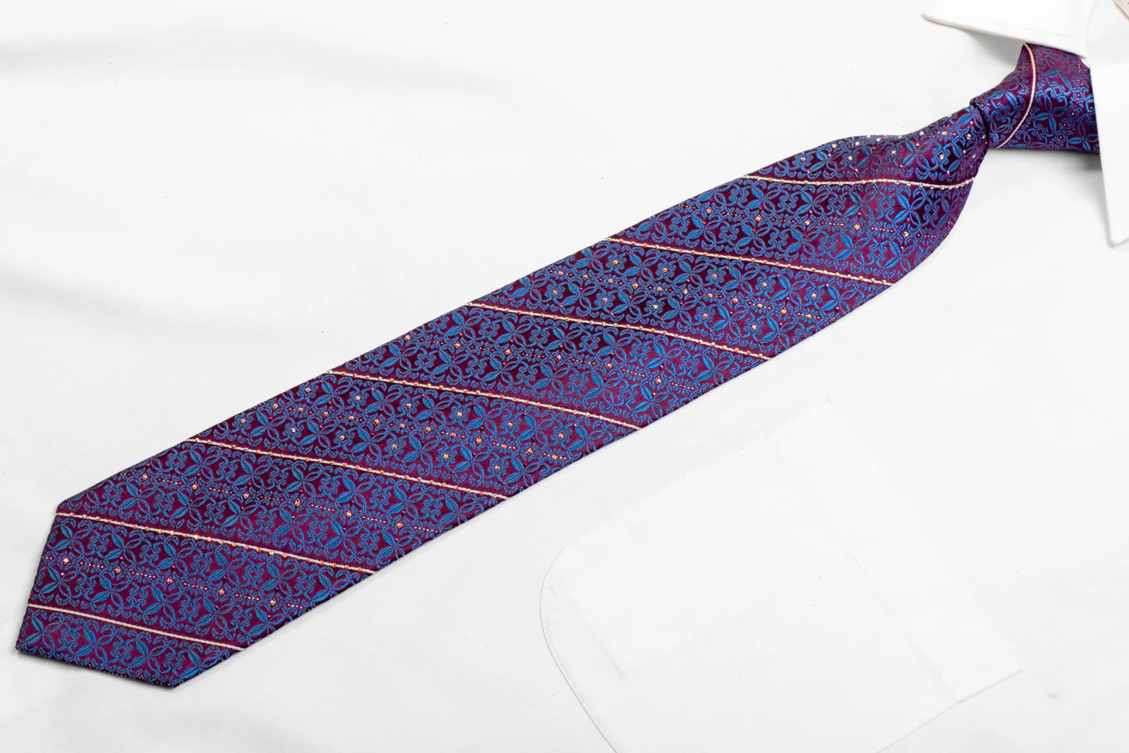 Blue Cartouche & Striped On Burgundy Rhinestone Tie With Sparkles - Image 3