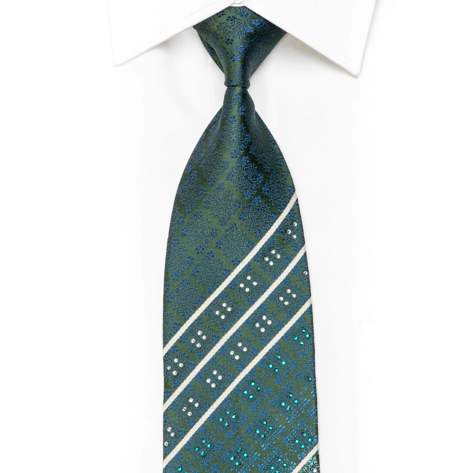 Blue Cartouche Striped On Green Rhinestone Silk Tie With Sparkles