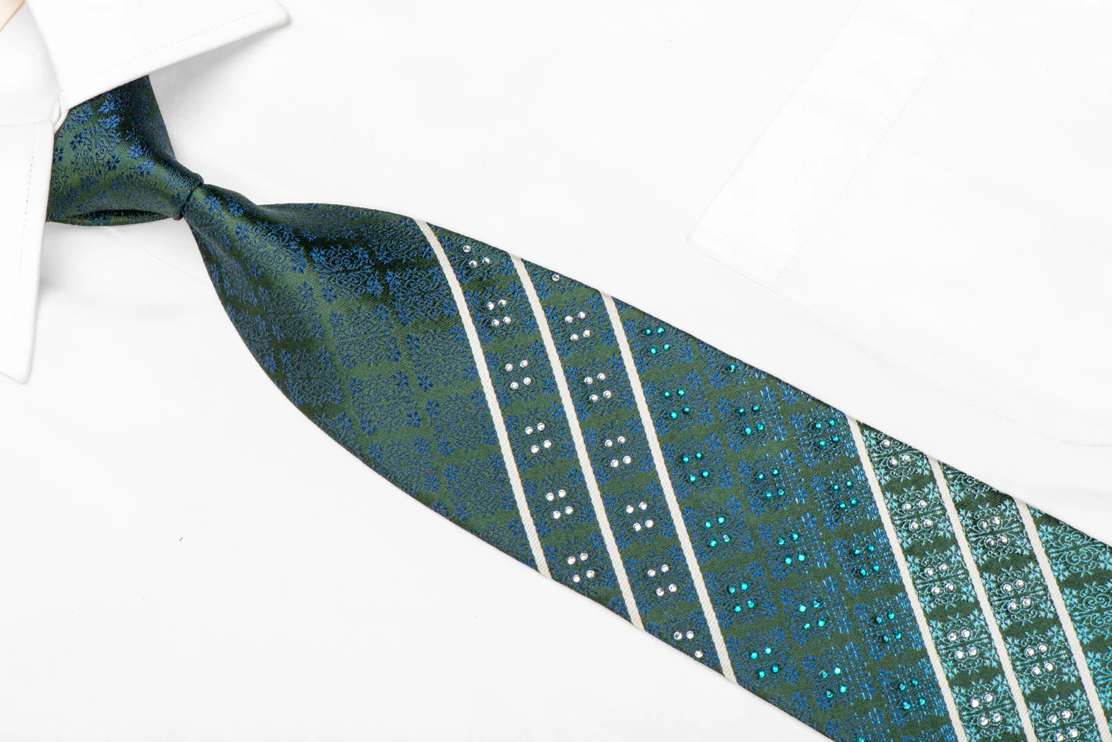Blue Cartouche Striped On Green Rhinestone Silk Tie With Sparkles - Image 2
