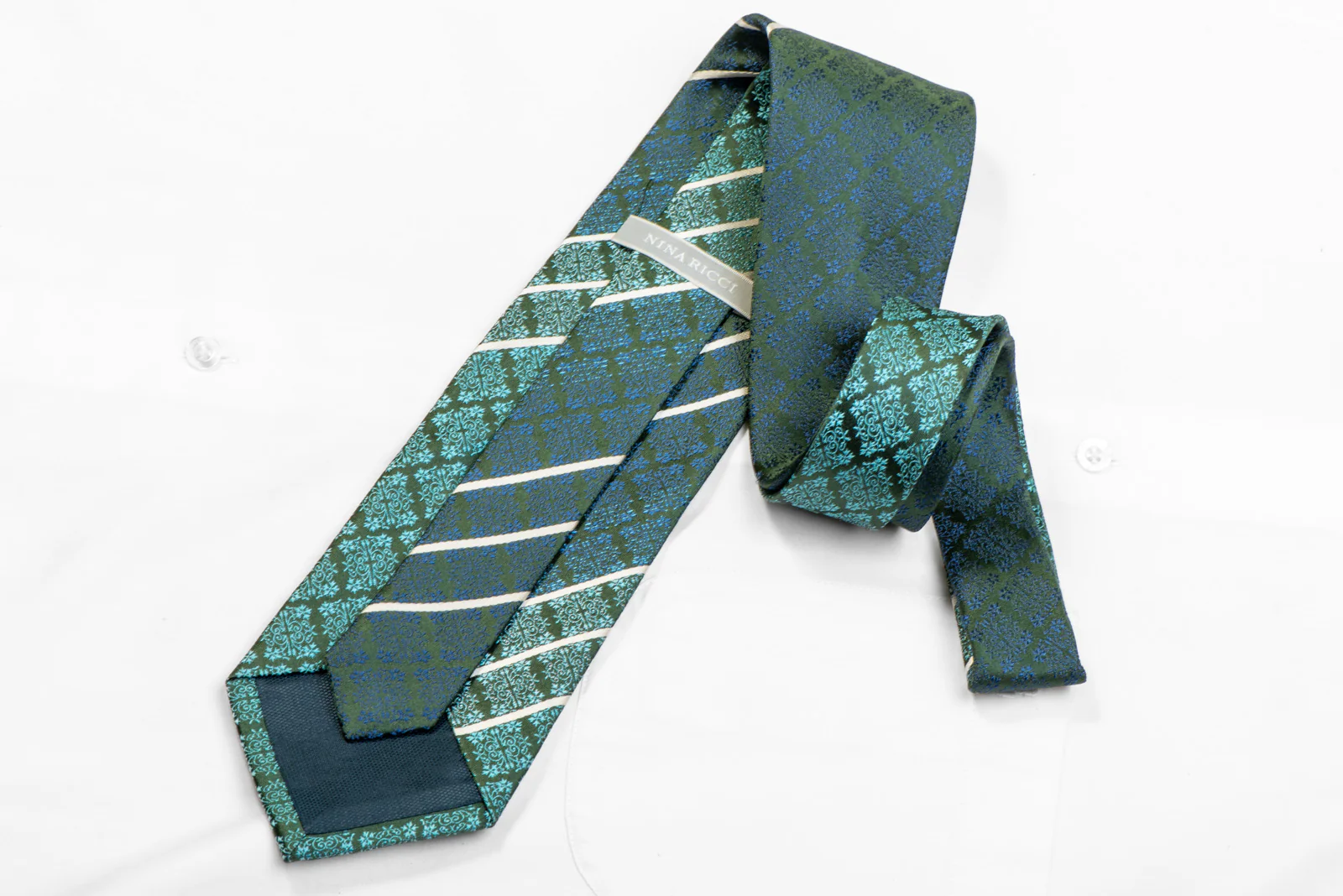 Blue Cartouche Striped On Green Rhinestone Silk Tie With Sparkles - Image 4